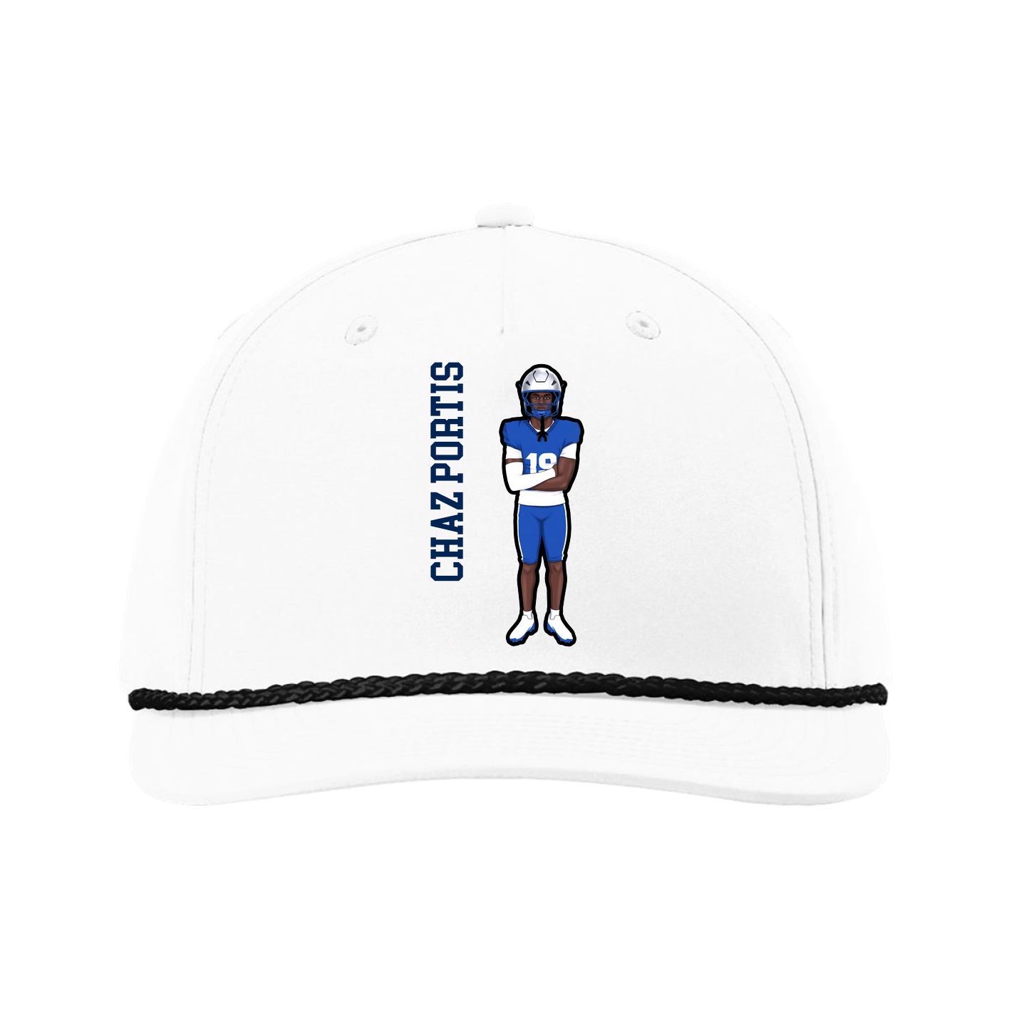 Five-Panel Classic Rope Cap — Name Vertical in White