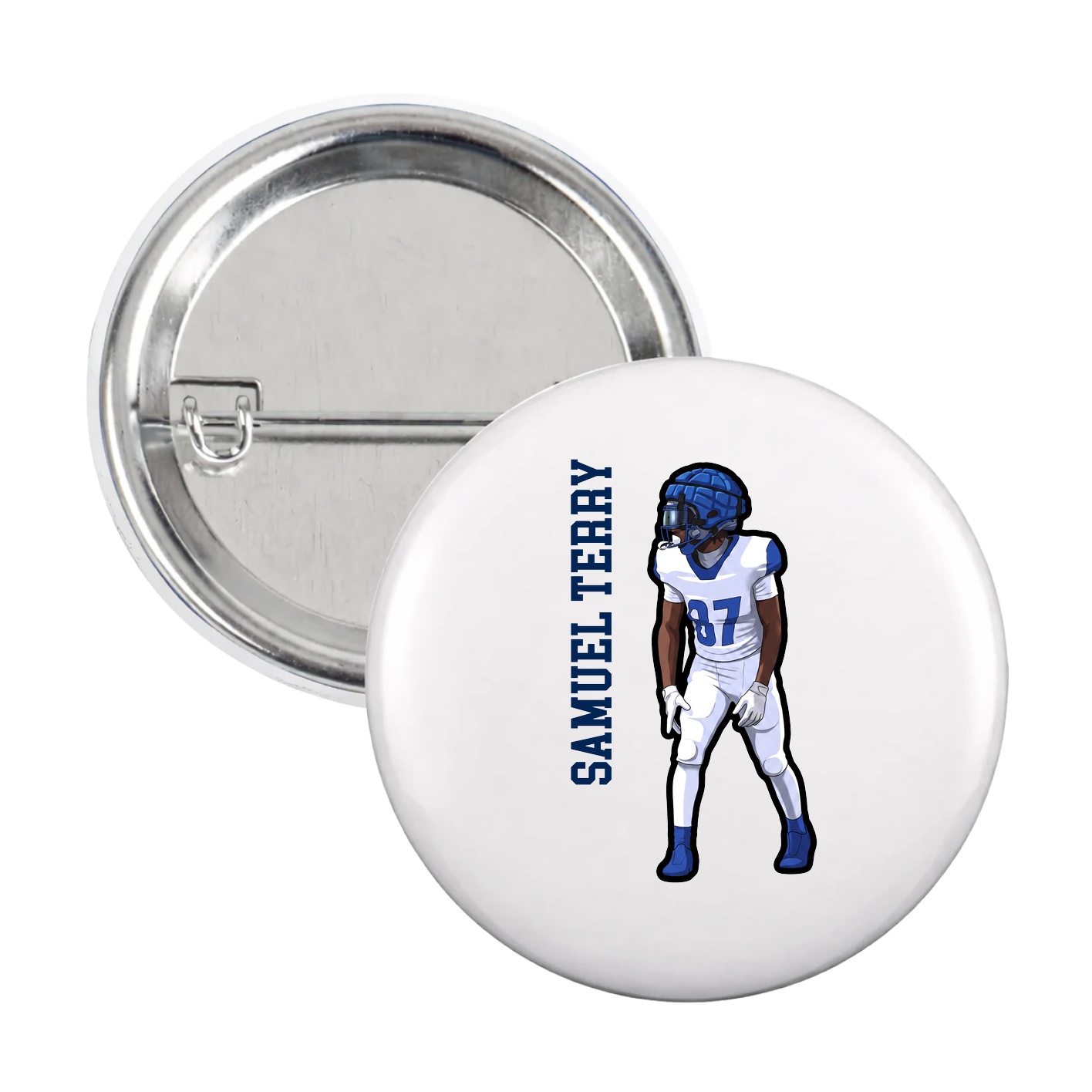 Game Day Button — Name Vertical in White