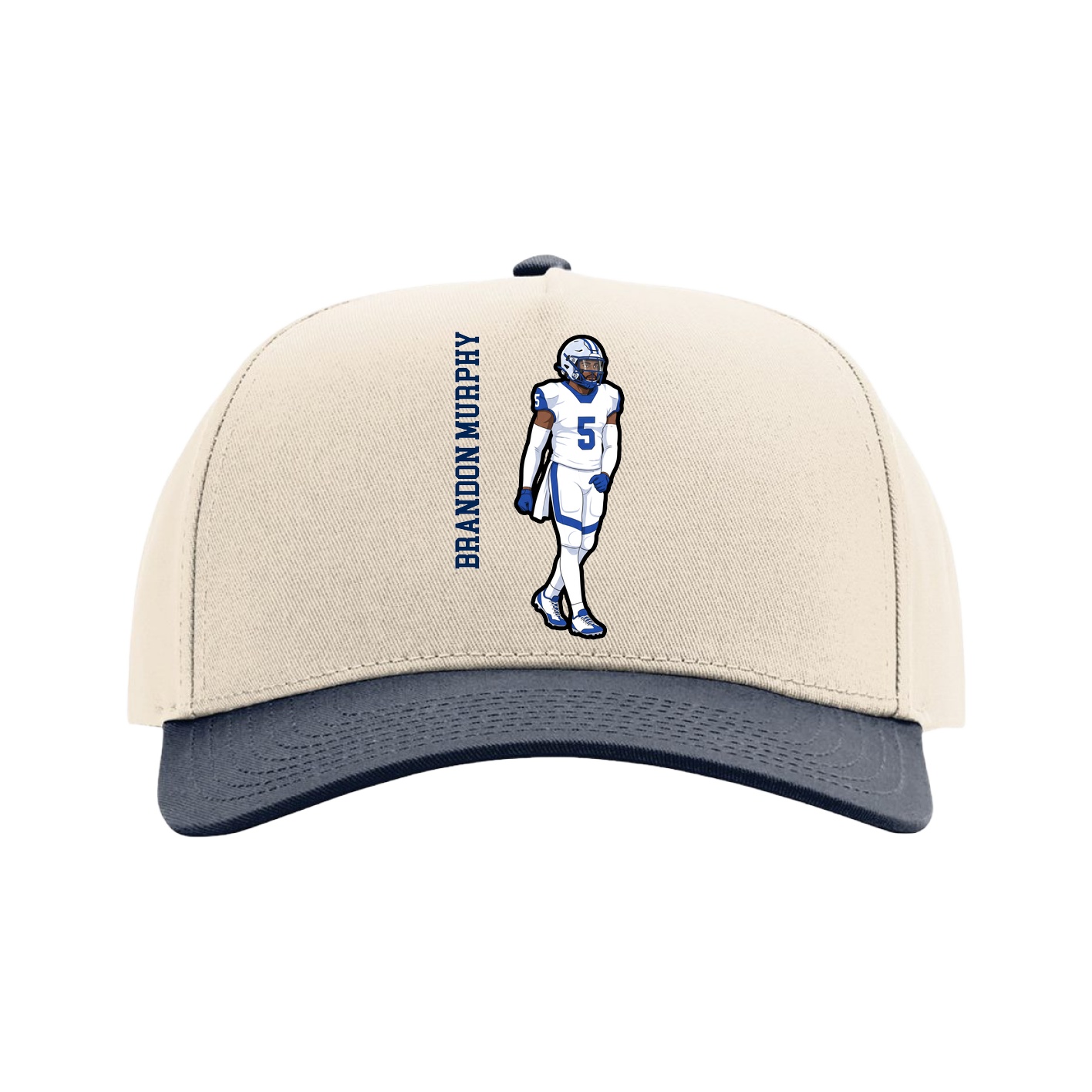 Full Fabric Five-Panel Champ Cap — Name Vertical in Cream/Navy