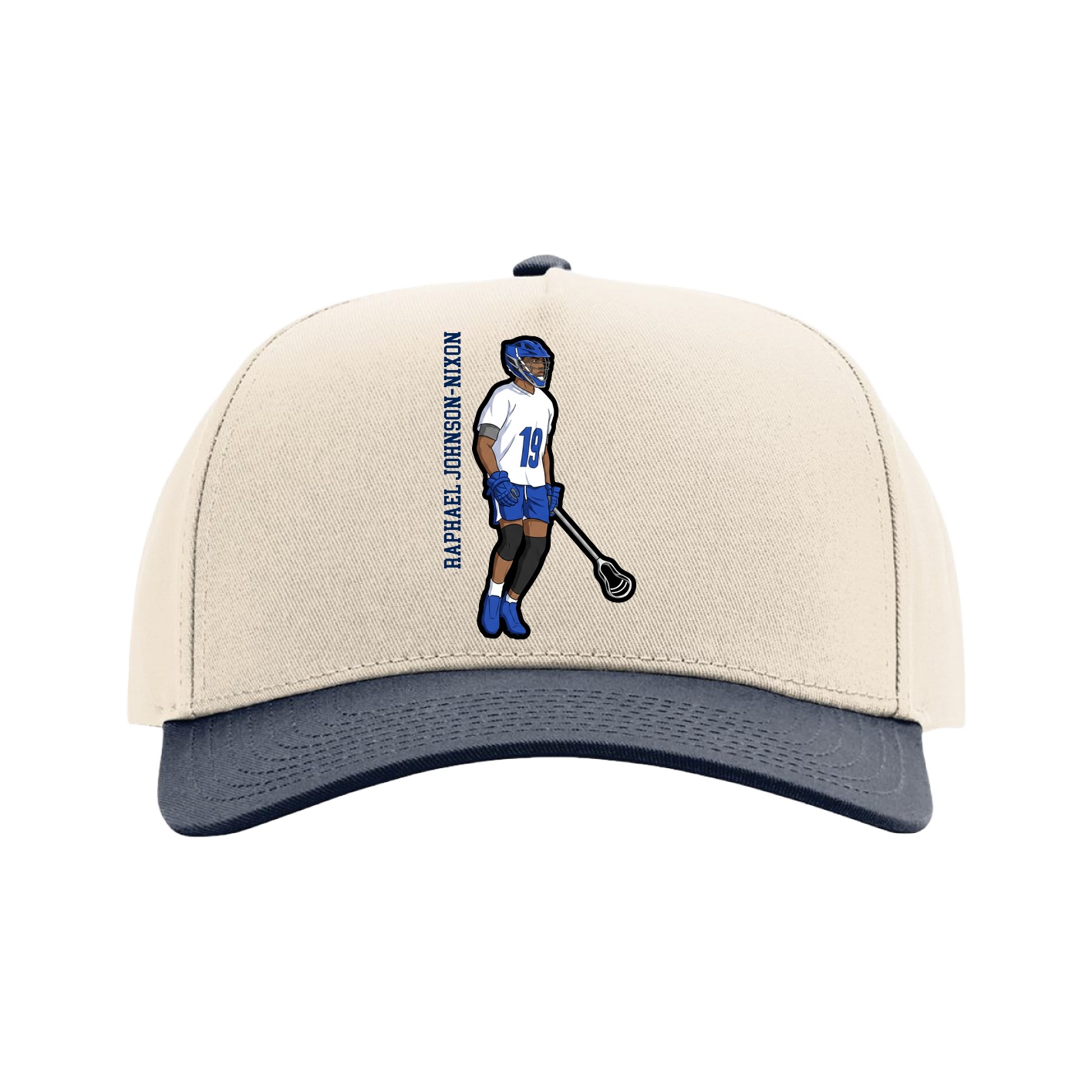 Full Fabric Five-Panel Champ Cap — Name Vertical in Cream/Navy