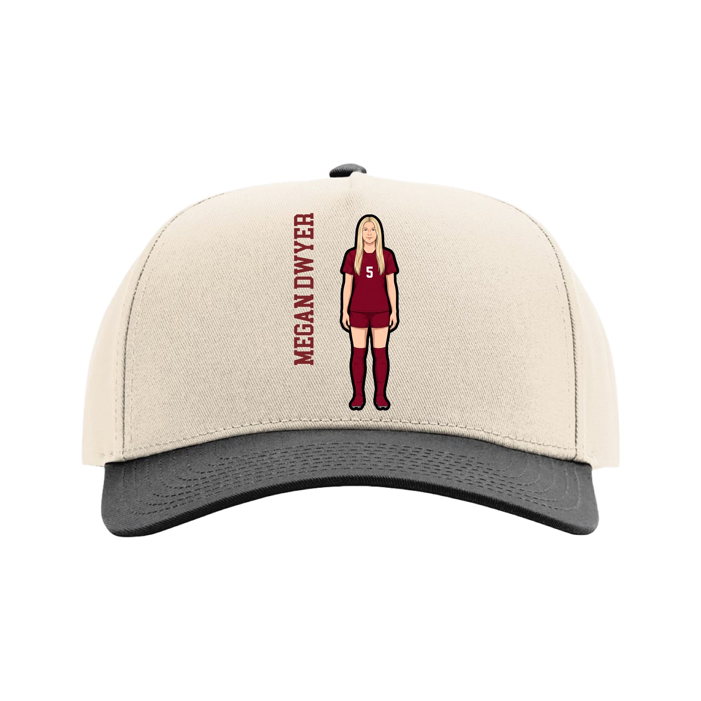 Full Fabric Five-Panel Champ Cap — Name Vertical in Cream/Black