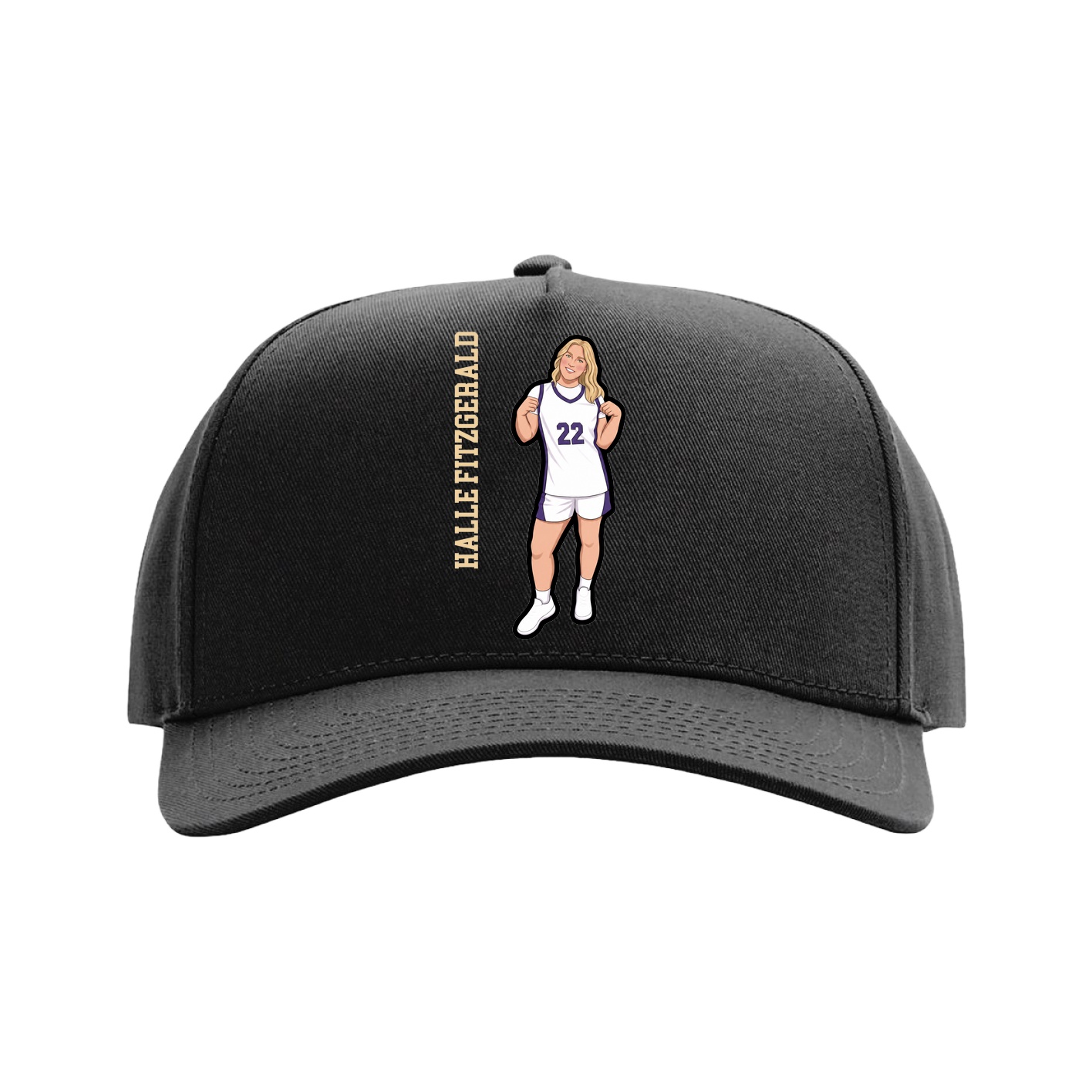 Full Fabric Five-Panel Champ Cap — Name Vertical in Black