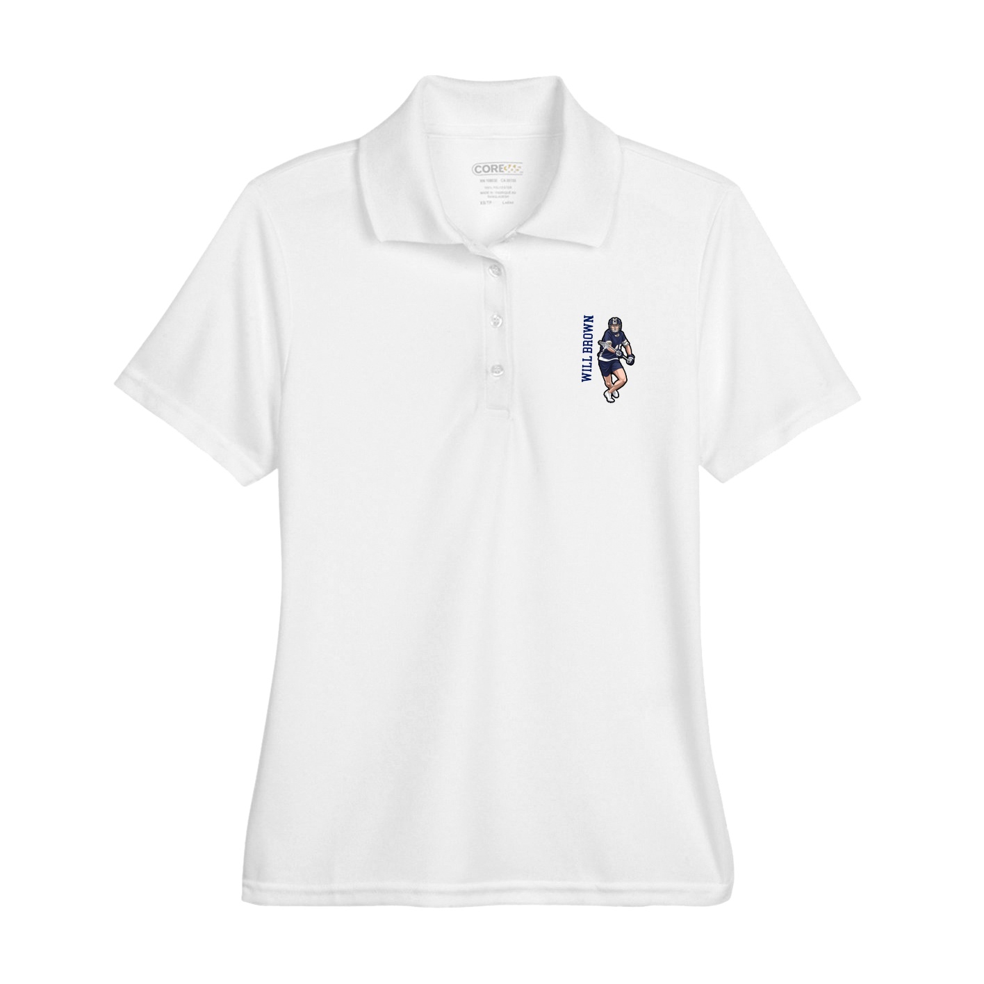 Womens Performance Polo — Name Vertical in White