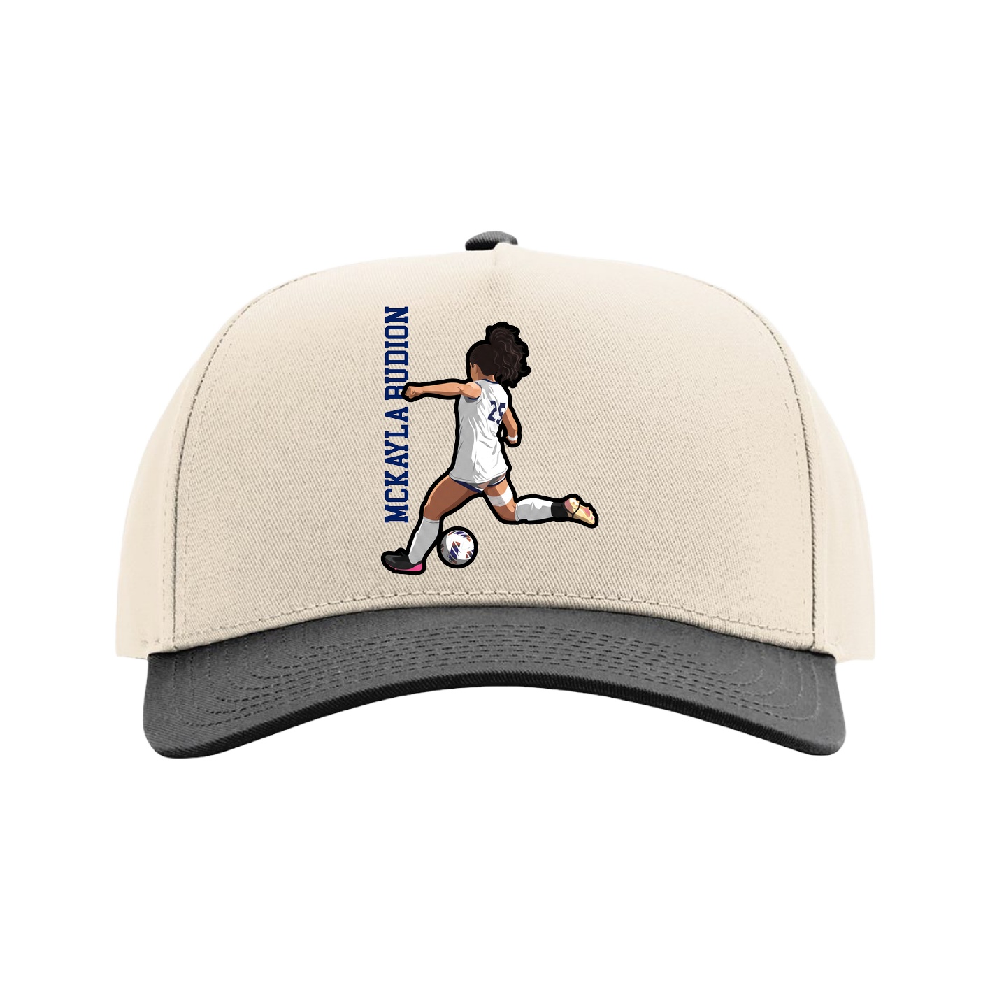 Full Fabric Five-Panel Champ Cap — Name Vertical in Cream/Black