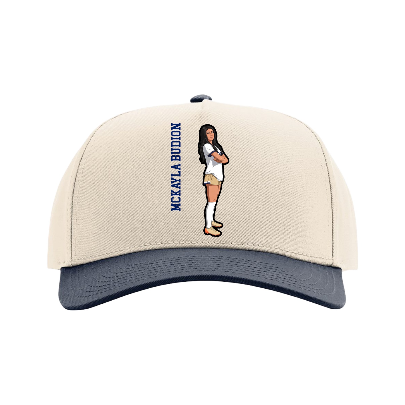 Full Fabric Five-Panel Champ Cap — Name Vertical in Cream/Navy