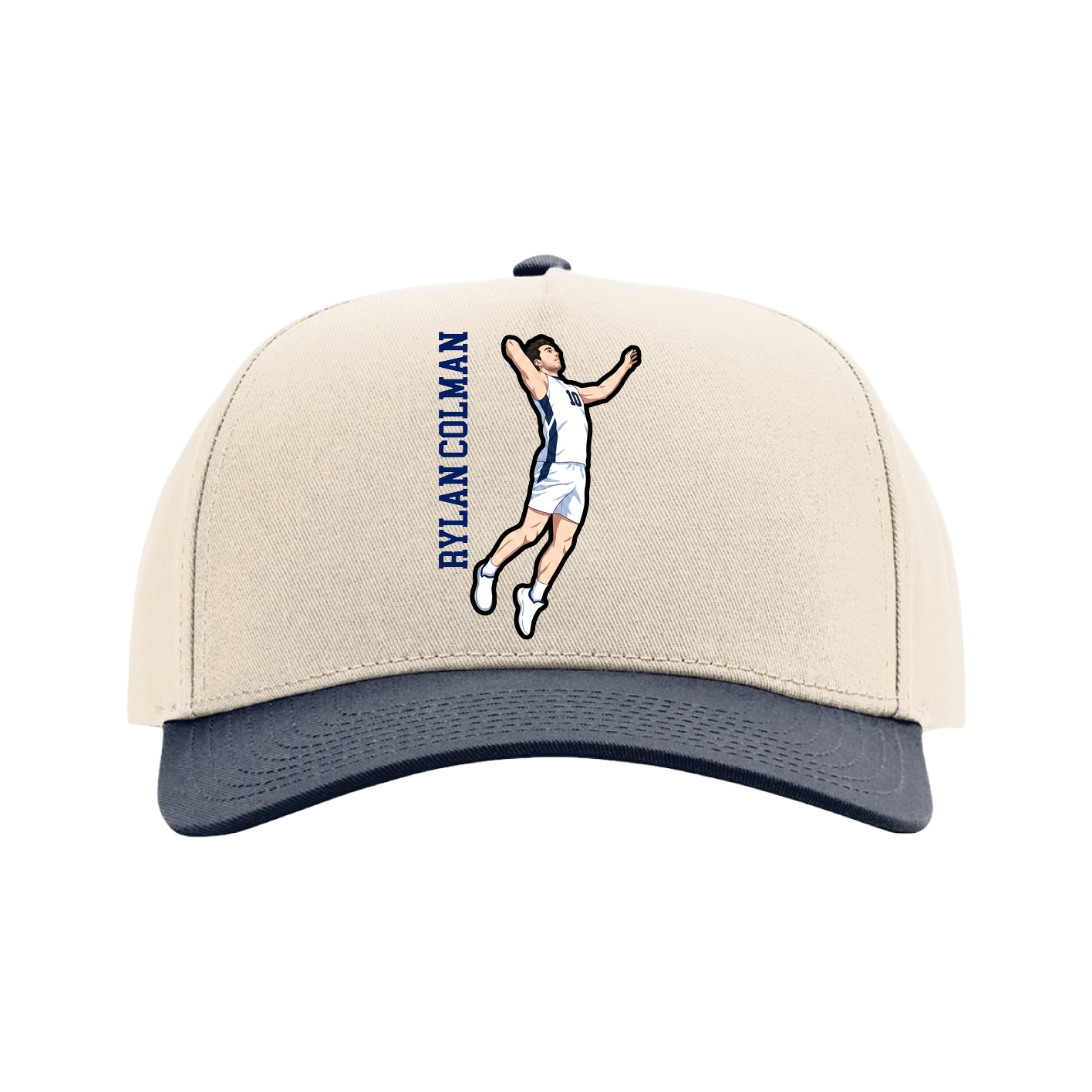 Full Fabric Five-Panel Champ Cap — Name Vertical in Cream/Navy