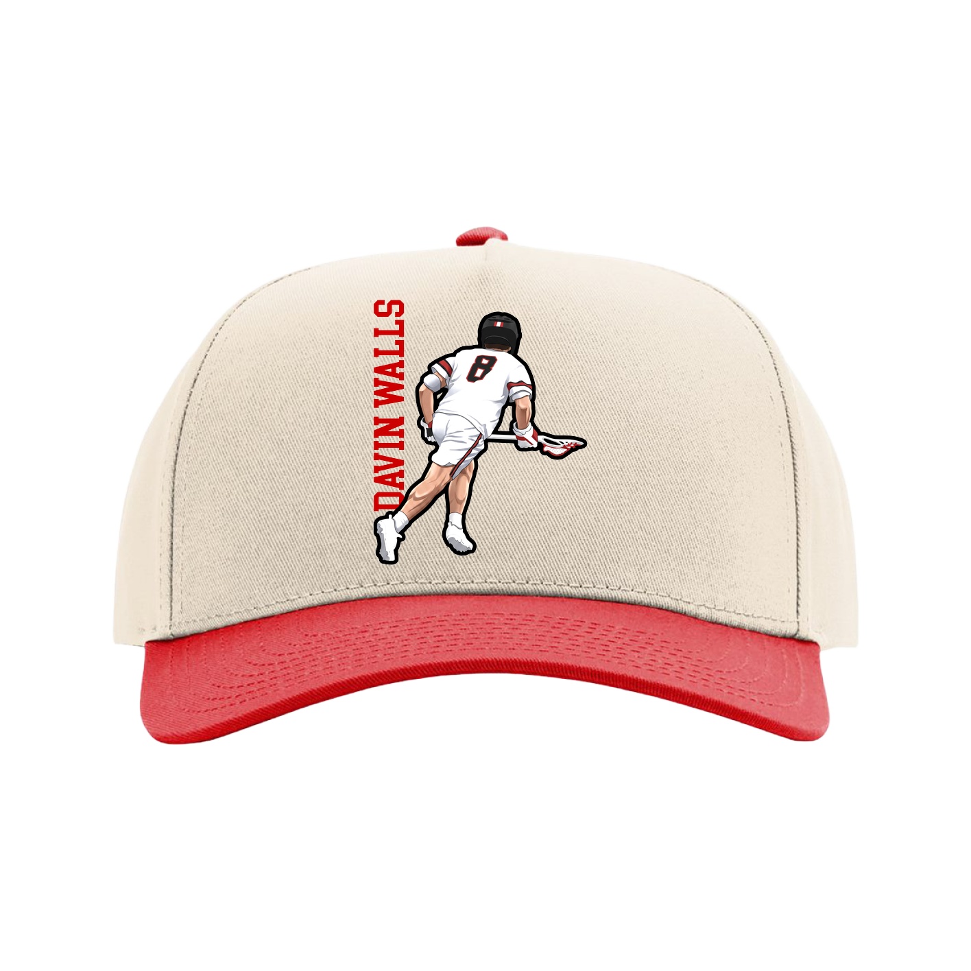 Full Fabric Five-Panel Champ Cap — Name Vertical in Cream/Red