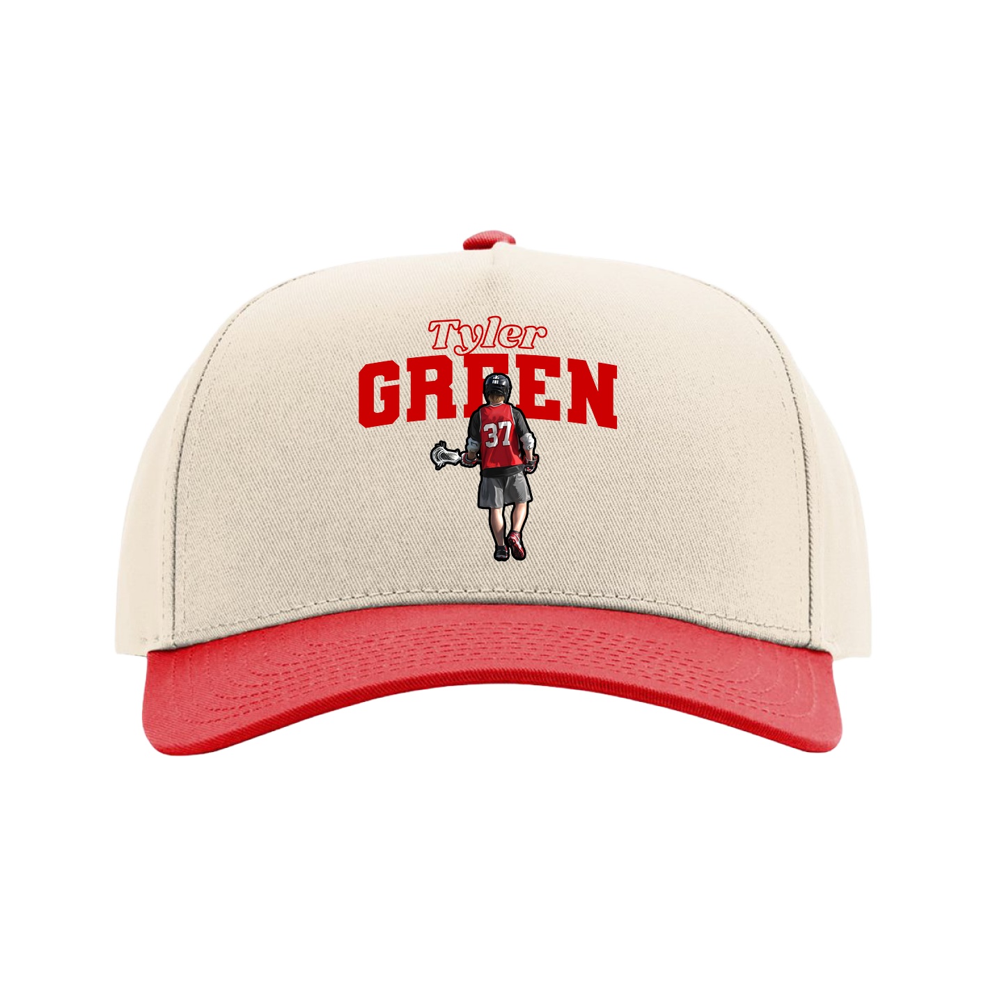 Full Fabric Five-Panel Champ Cap — Name Arch in Cream/Red