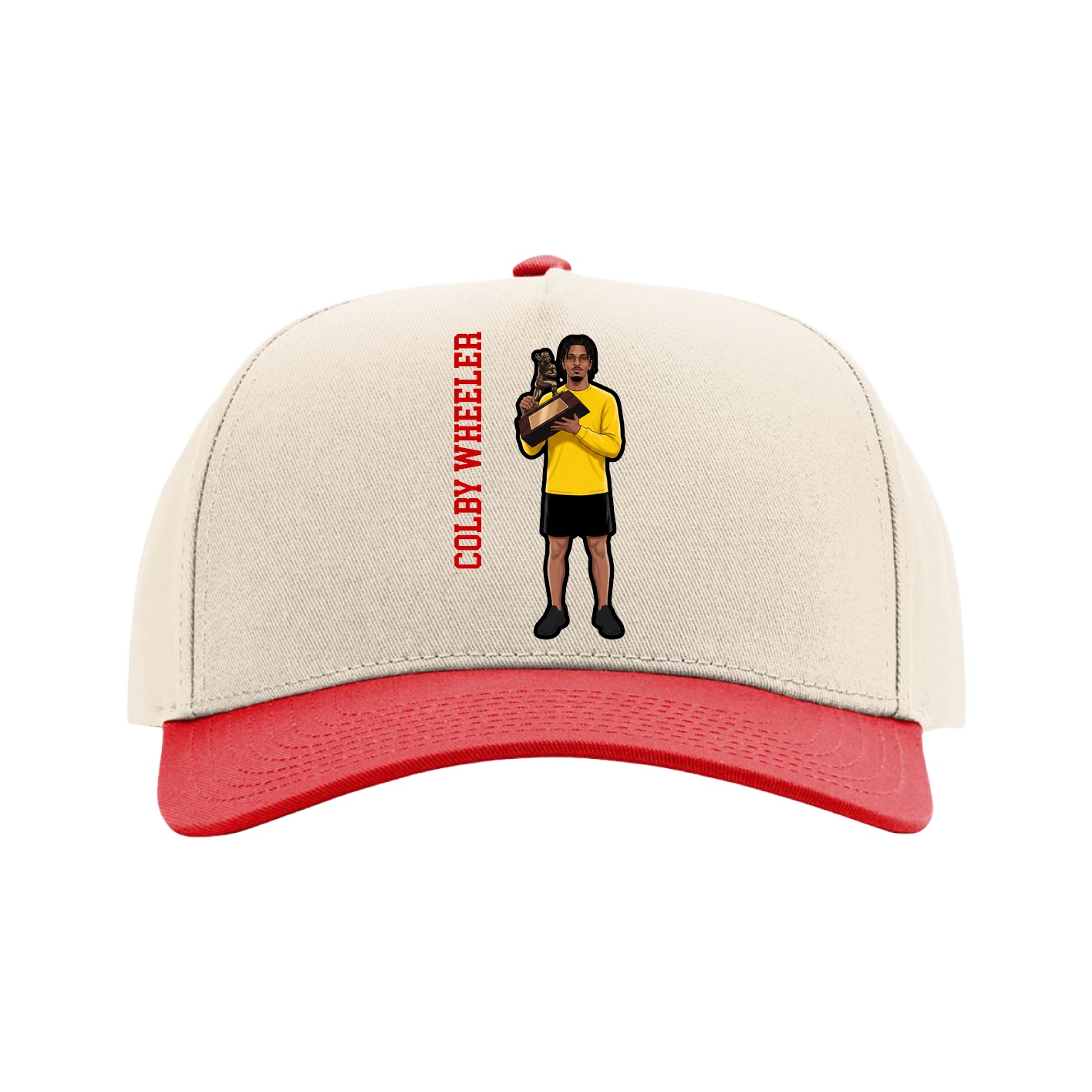 Full Fabric Five-Panel Champ Cap — Name Vertical in Cream/Red