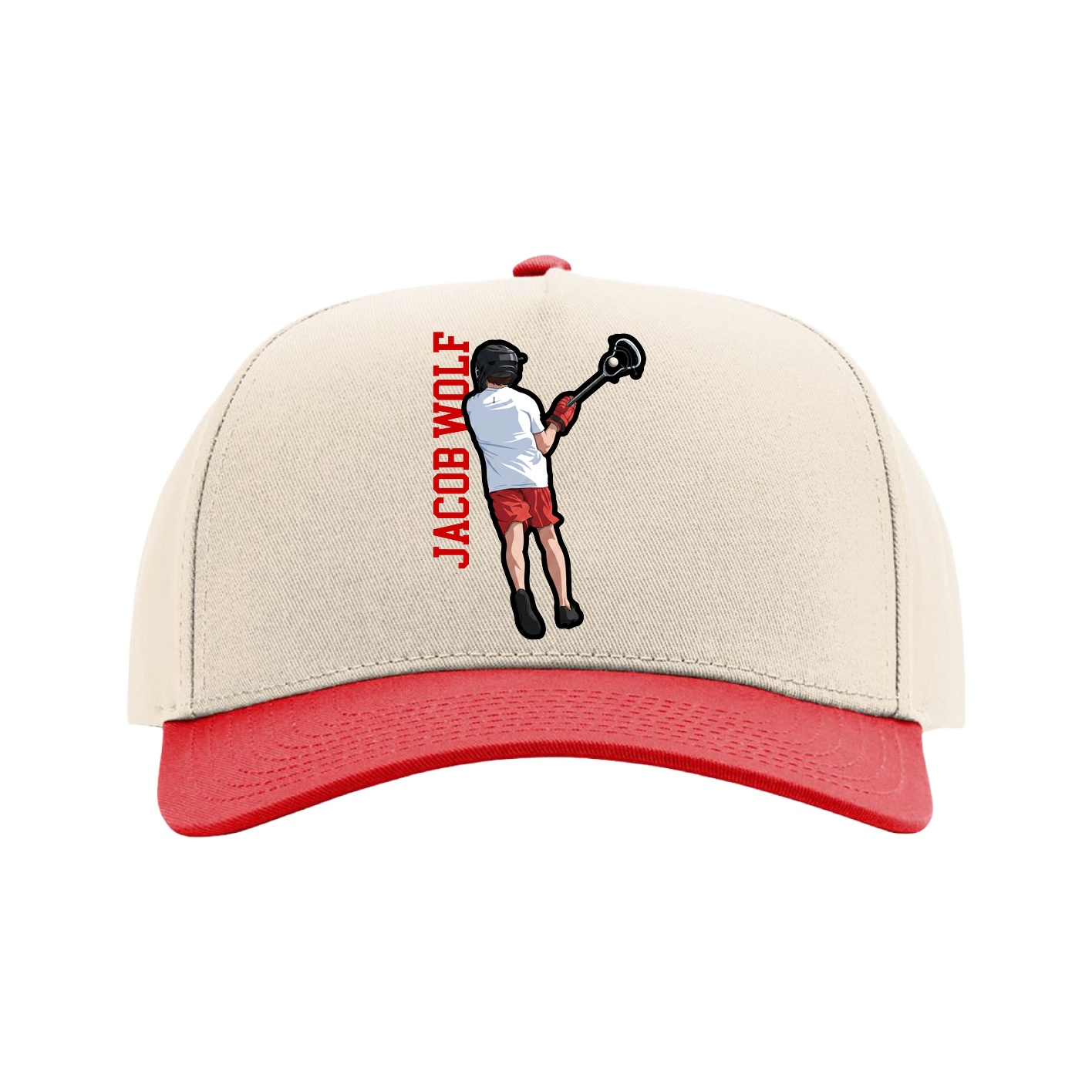 Full Fabric Five-Panel Champ Cap — Name Vertical in Cream/Red