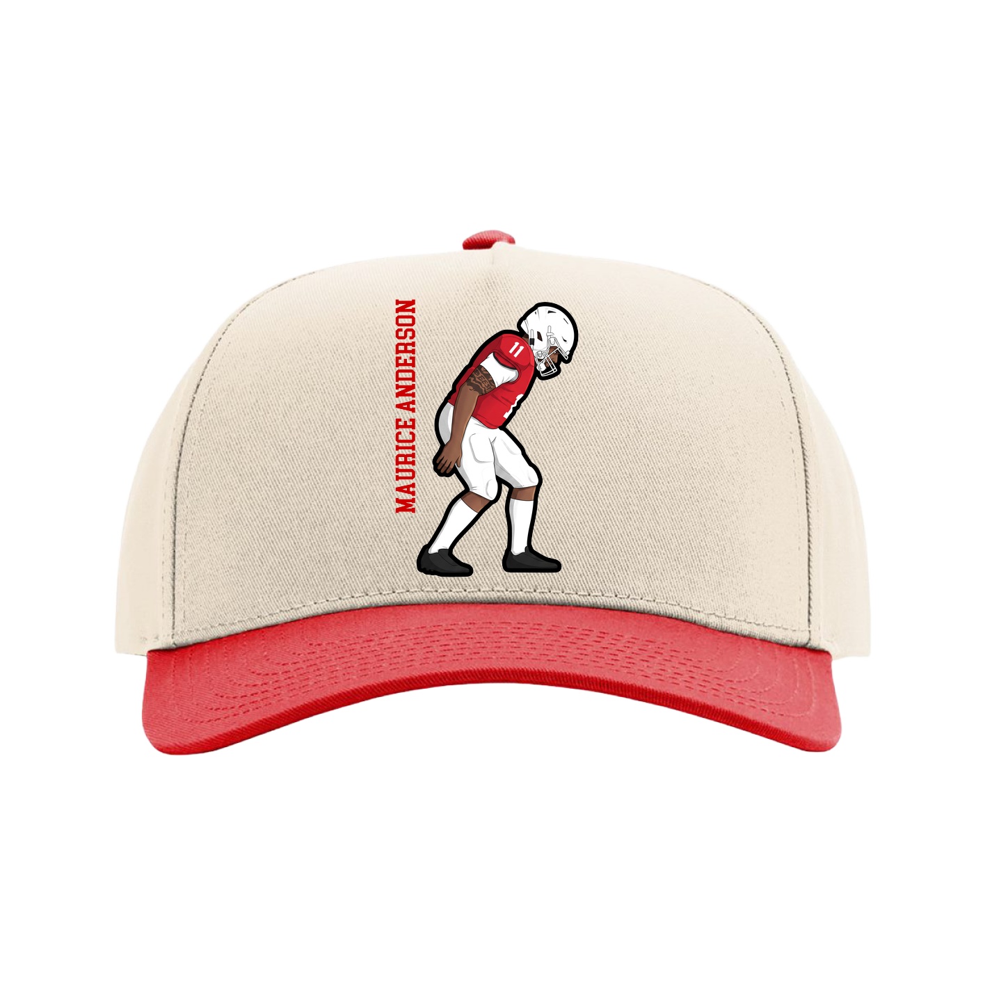 Full Fabric Five-Panel Champ Cap — Name Vertical in Cream/Red