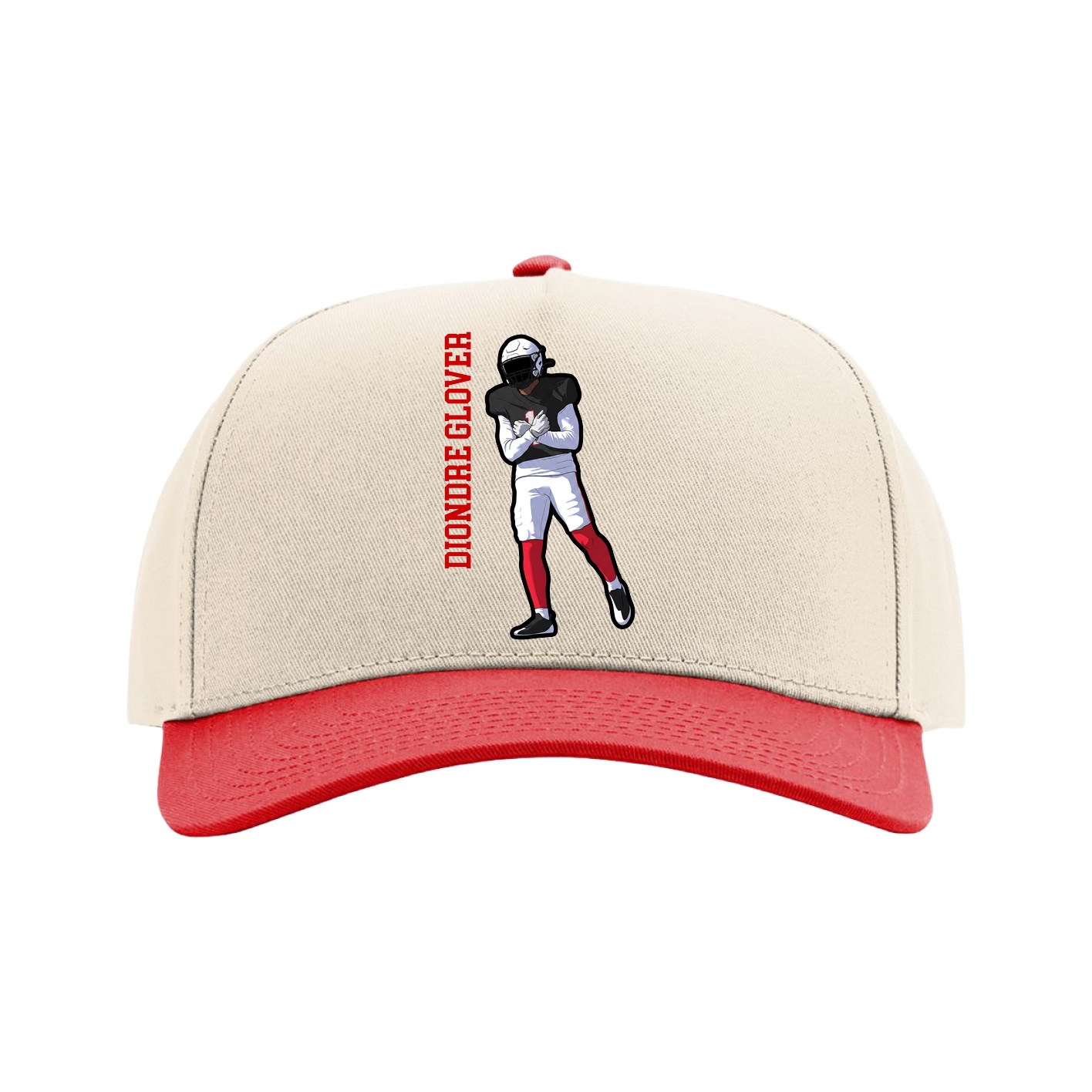 Full Fabric Five-Panel Champ Cap — Name Vertical in Cream/Red