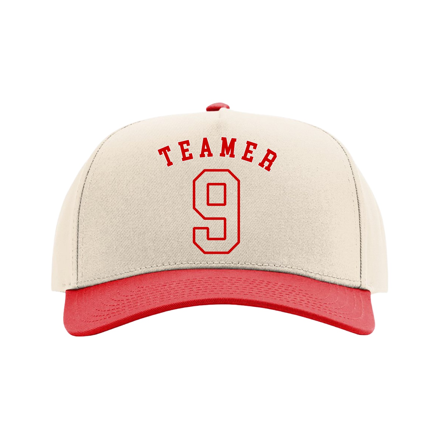 Full Fabric Five-Panel Champ Cap — Shirsey Arch in Cream/Red
