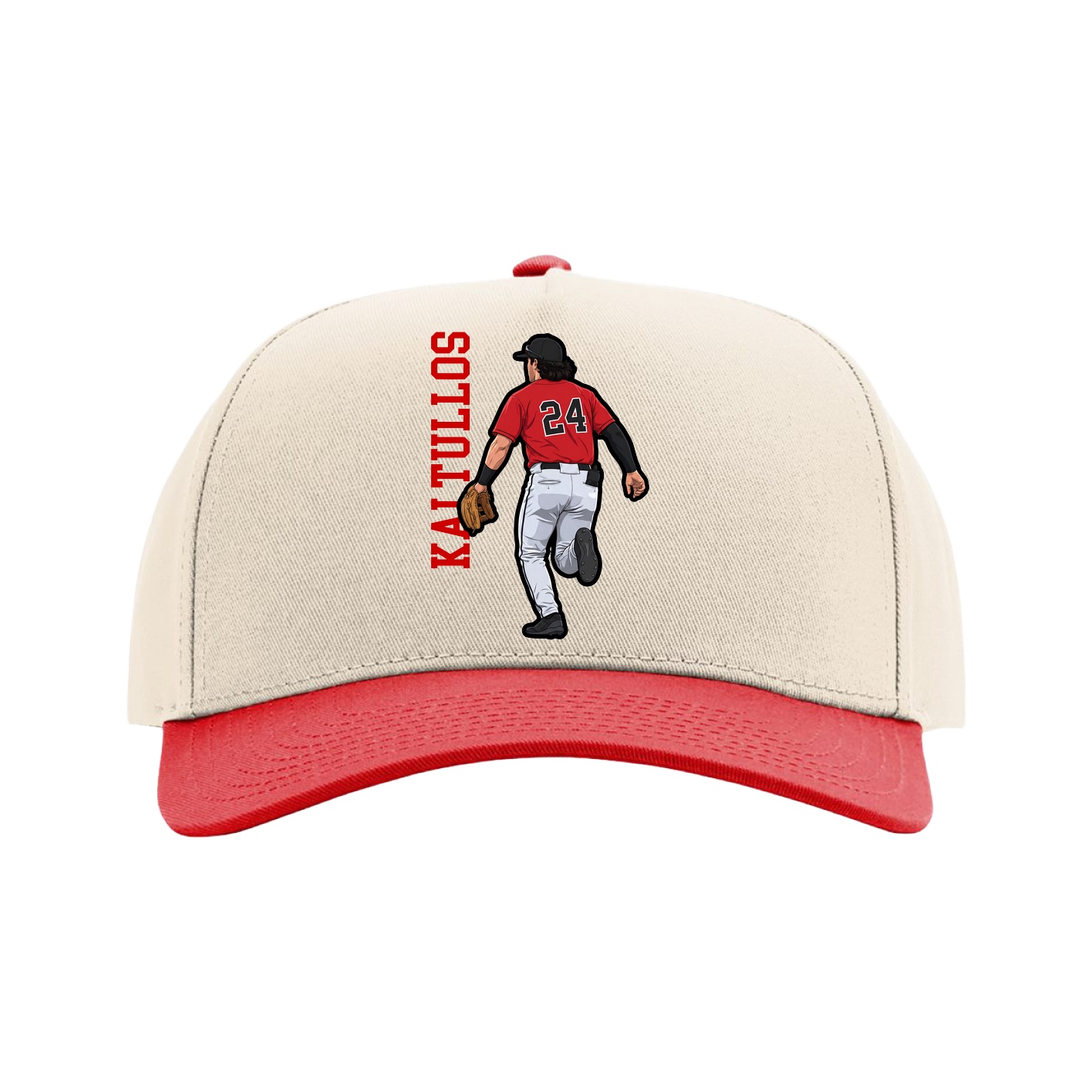 Full Fabric Five-Panel Champ Cap — Name Vertical in Cream/Red