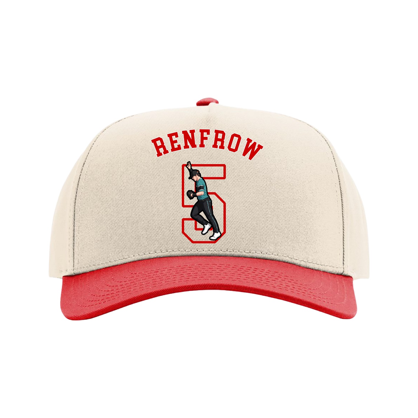Full Fabric Five-Panel Champ Cap — Shirsey Arch in Cream/Red