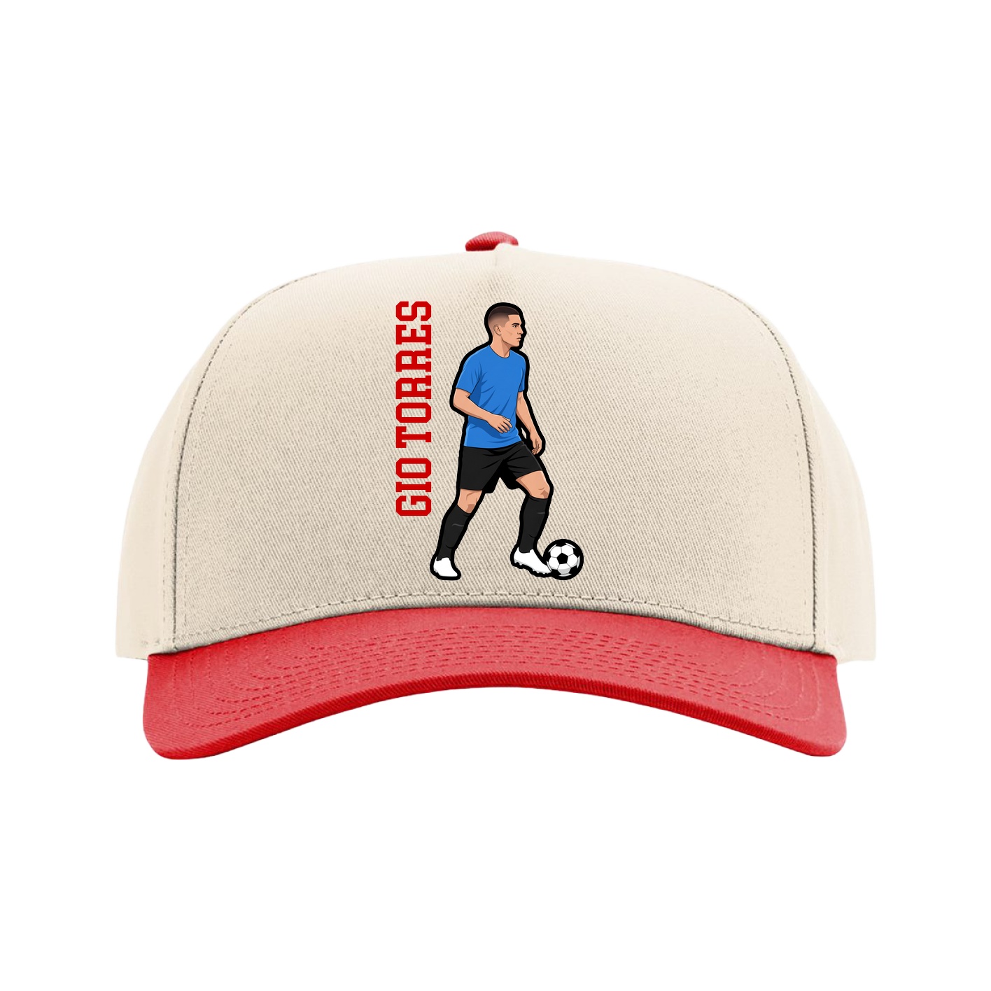 Full Fabric Five-Panel Champ Cap — Name Vertical in Cream/Red