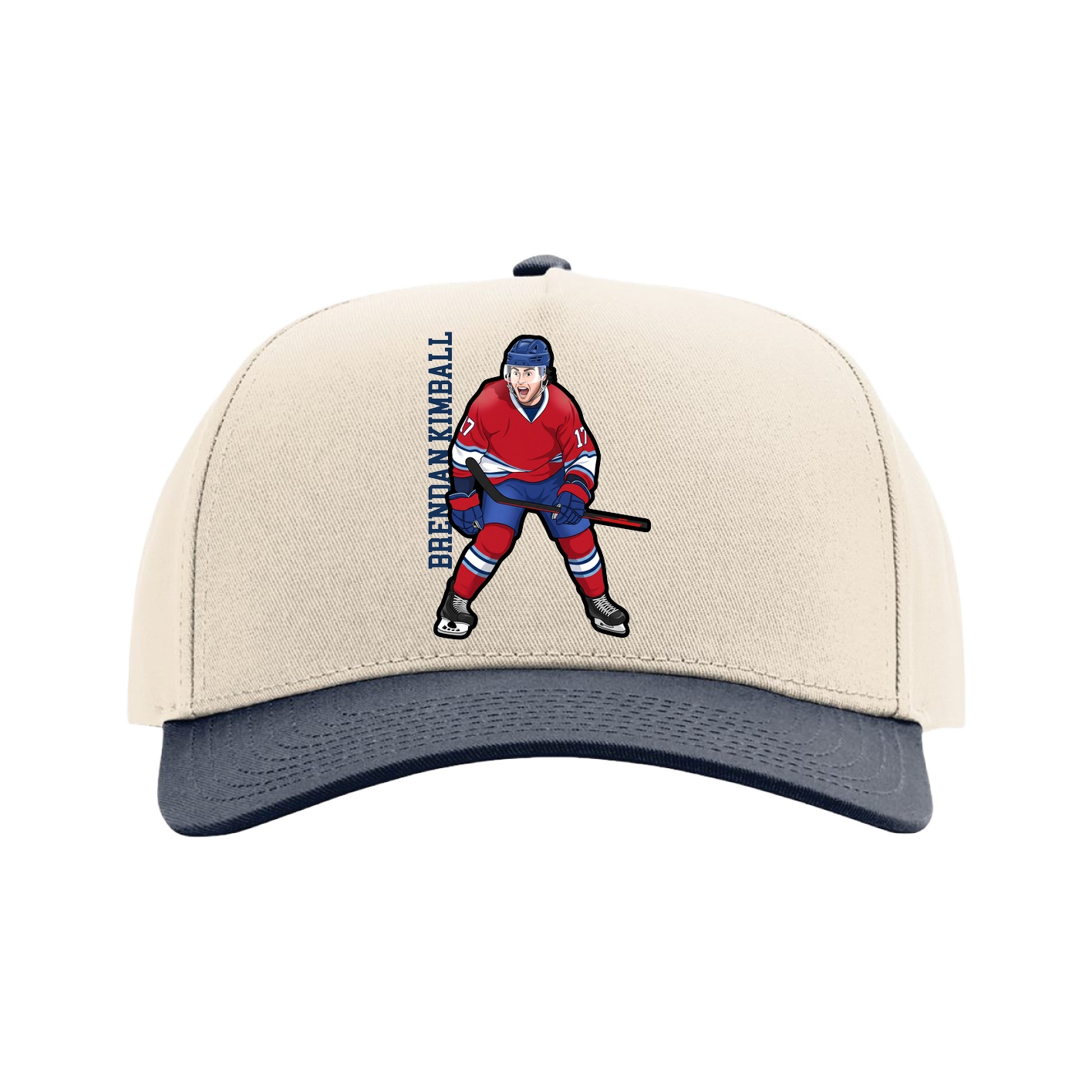 Full Fabric Five-Panel Champ Cap — Name Vertical in Cream/Navy