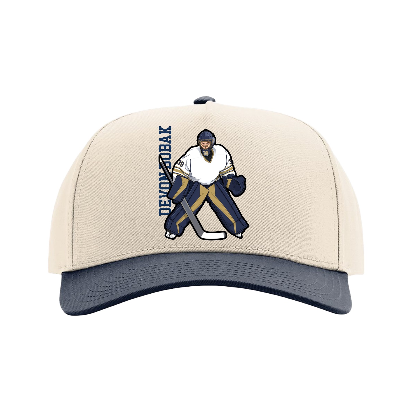 Full Fabric Five-Panel Champ Cap — Name Vertical in Cream/Navy