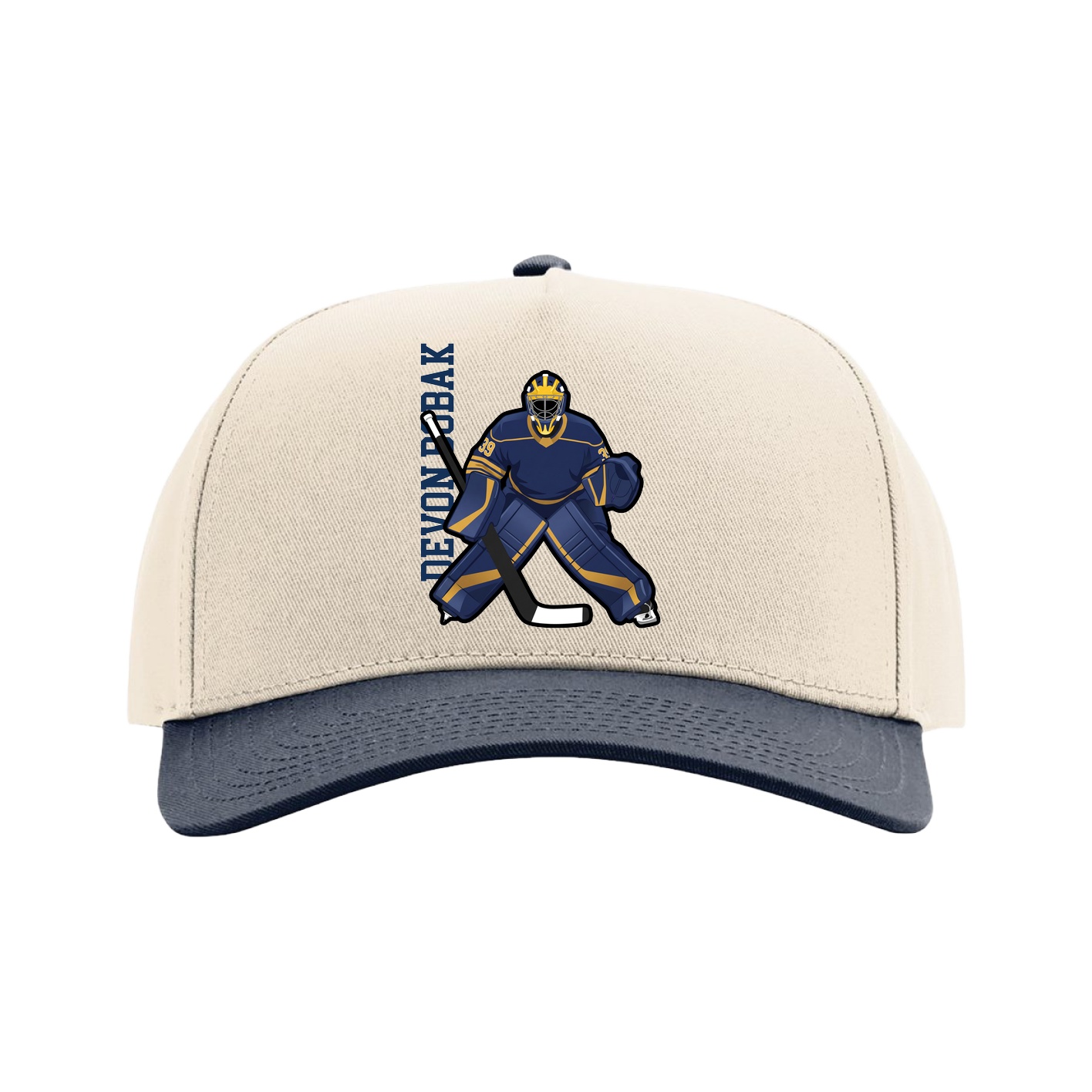 Full Fabric Five-Panel Champ Cap — Name Vertical in Cream/Navy