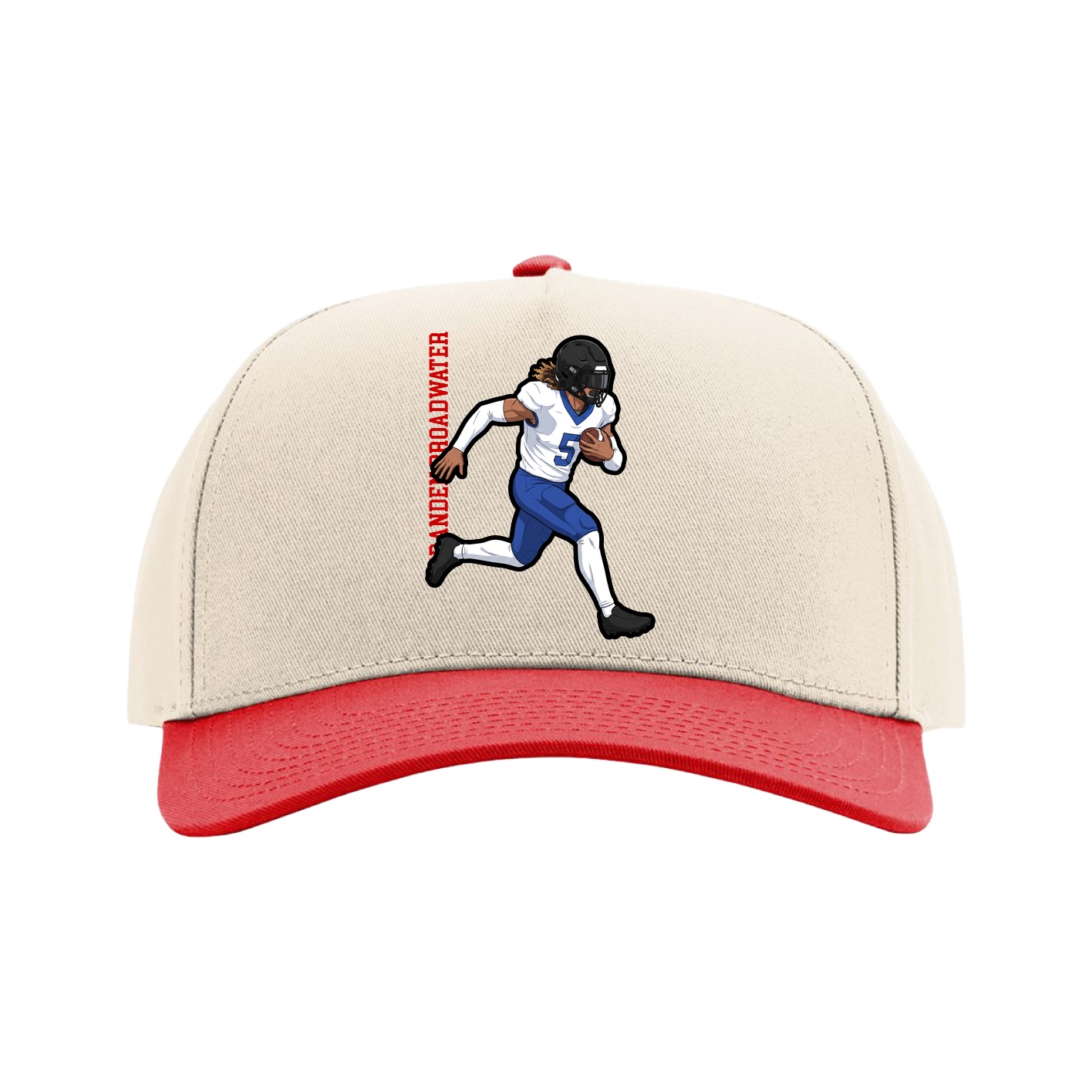 Full Fabric Five-Panel Champ Cap — Name Vertical in Cream/Red