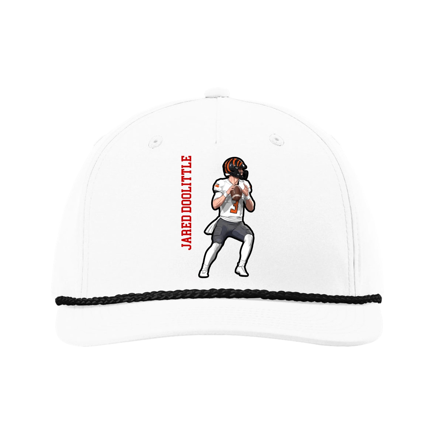 Five-Panel Classic Rope Cap — Name Vertical in White