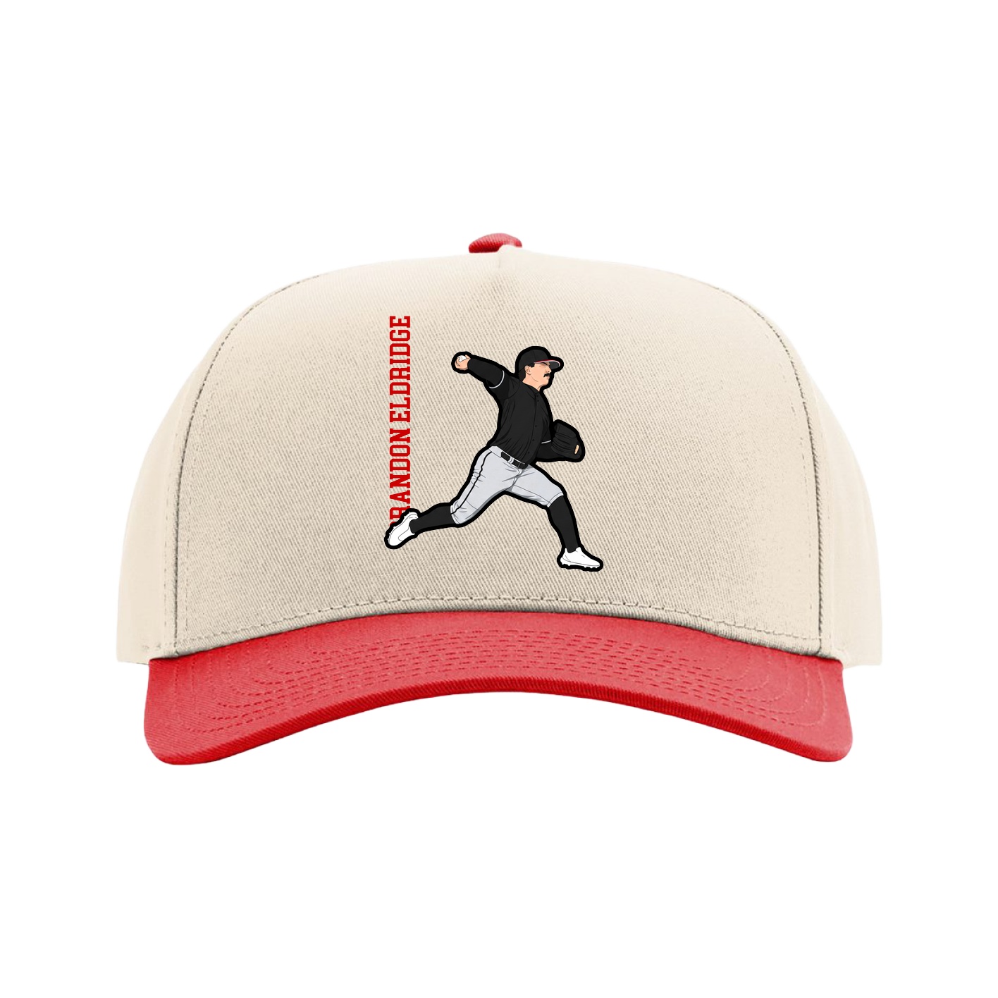 Full Fabric Five-Panel Champ Cap — Name Vertical in Cream/Red