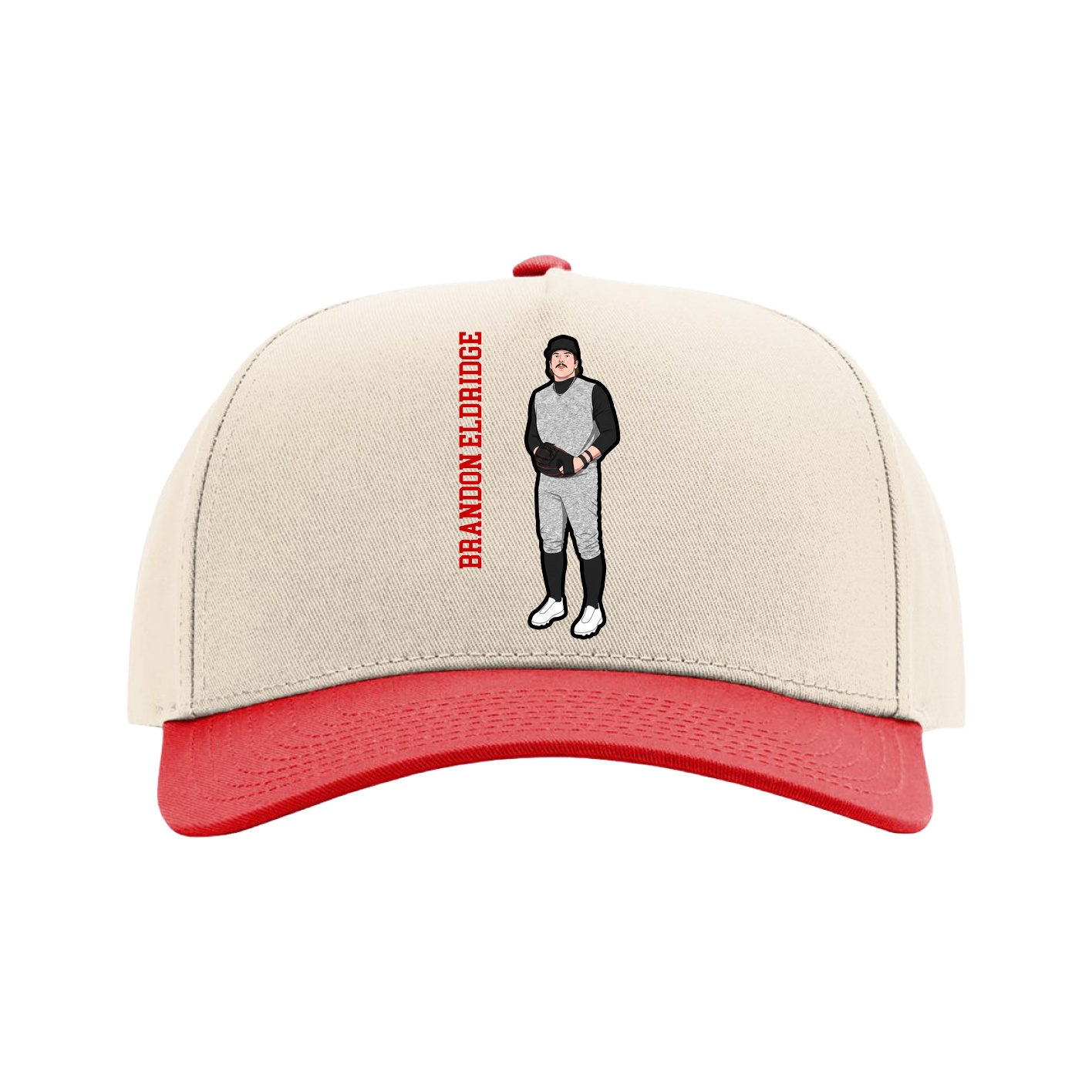 Full Fabric Five-Panel Champ Cap — Name Vertical in Cream/Red