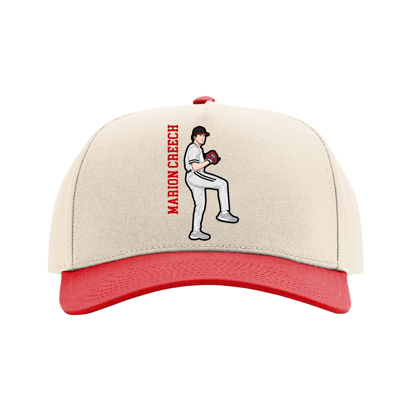 Full Fabric Five-Panel Champ Cap — Name Vertical in Cream/Red