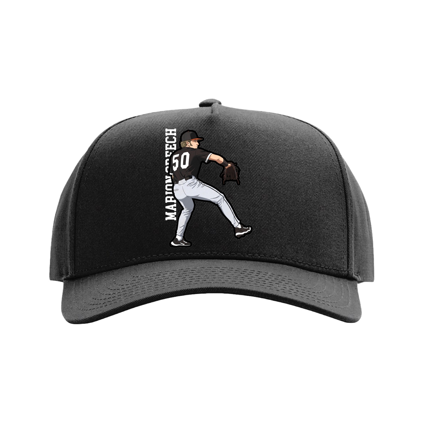 Full Fabric Five-Panel Champ Cap — Name Vertical in Black