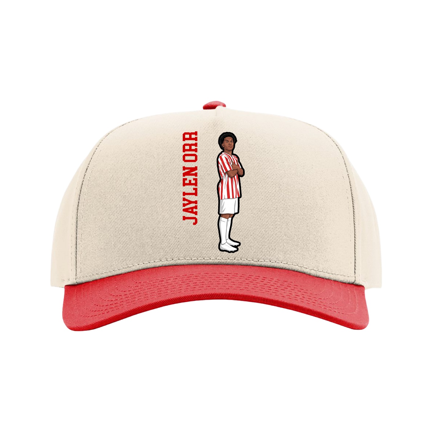 Full Fabric Five-Panel Champ Cap — Name Vertical in Cream/Red