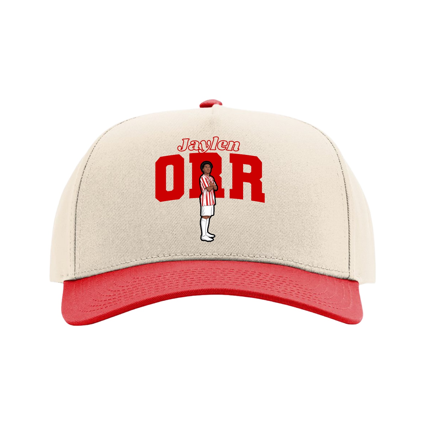 Full Fabric Five-Panel Champ Cap — Name Arch in Cream/Red