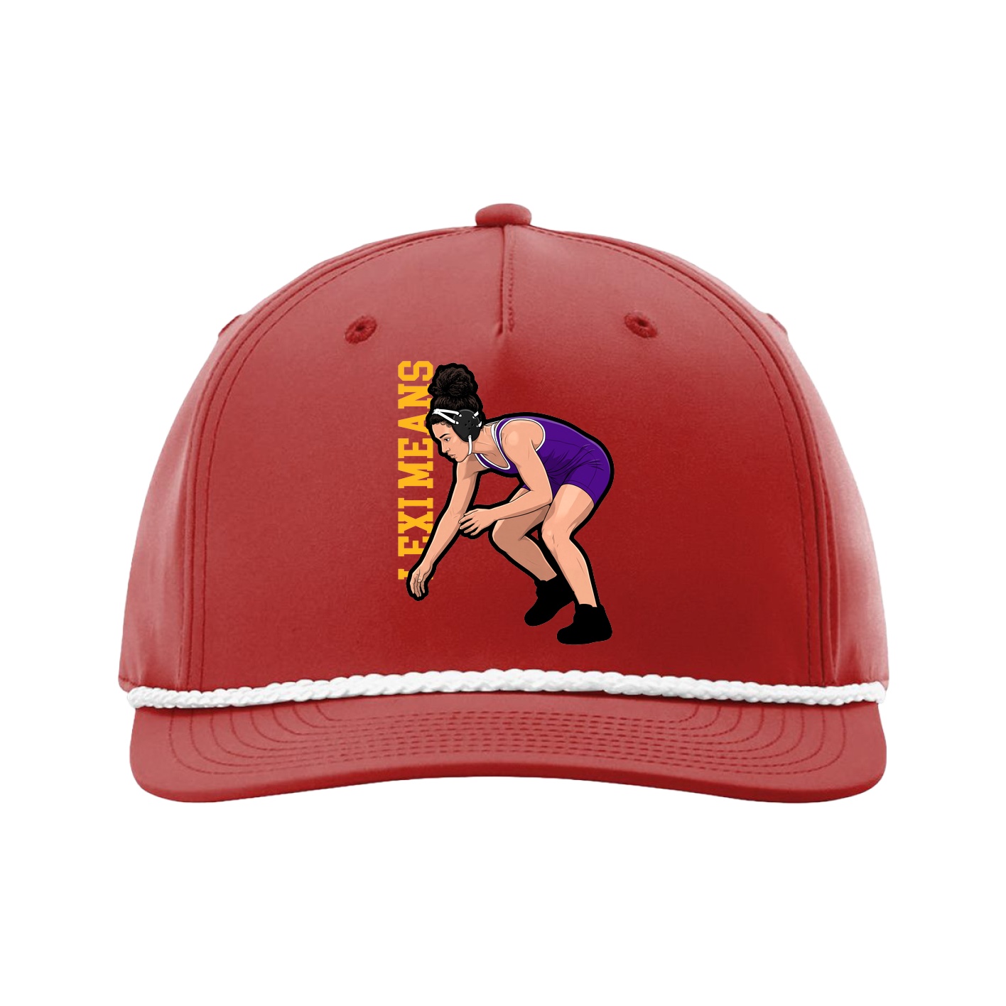 Five-Panel Classic Rope Cap — Name Vertical in Red
