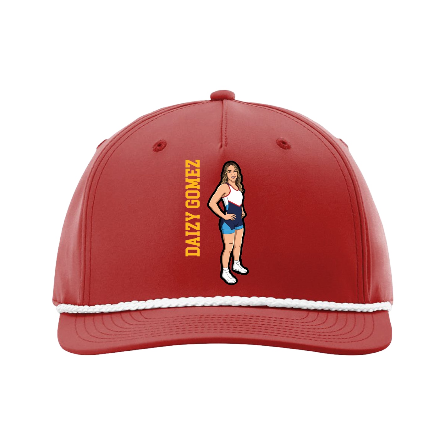 Five-Panel Classic Rope Cap — Name Vertical in Red
