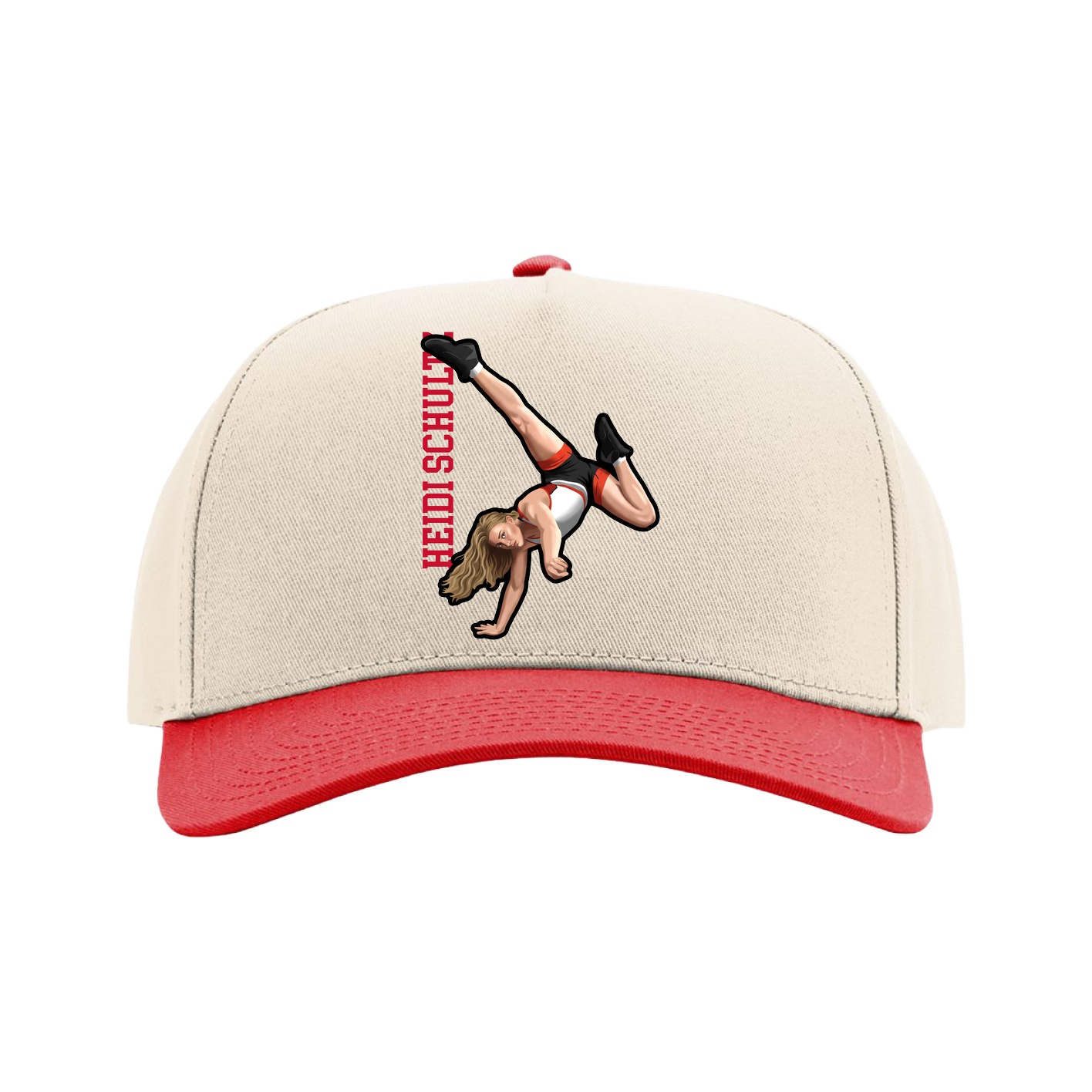 Full Fabric Five-Panel Champ Cap — Name Vertical in Cream/Red