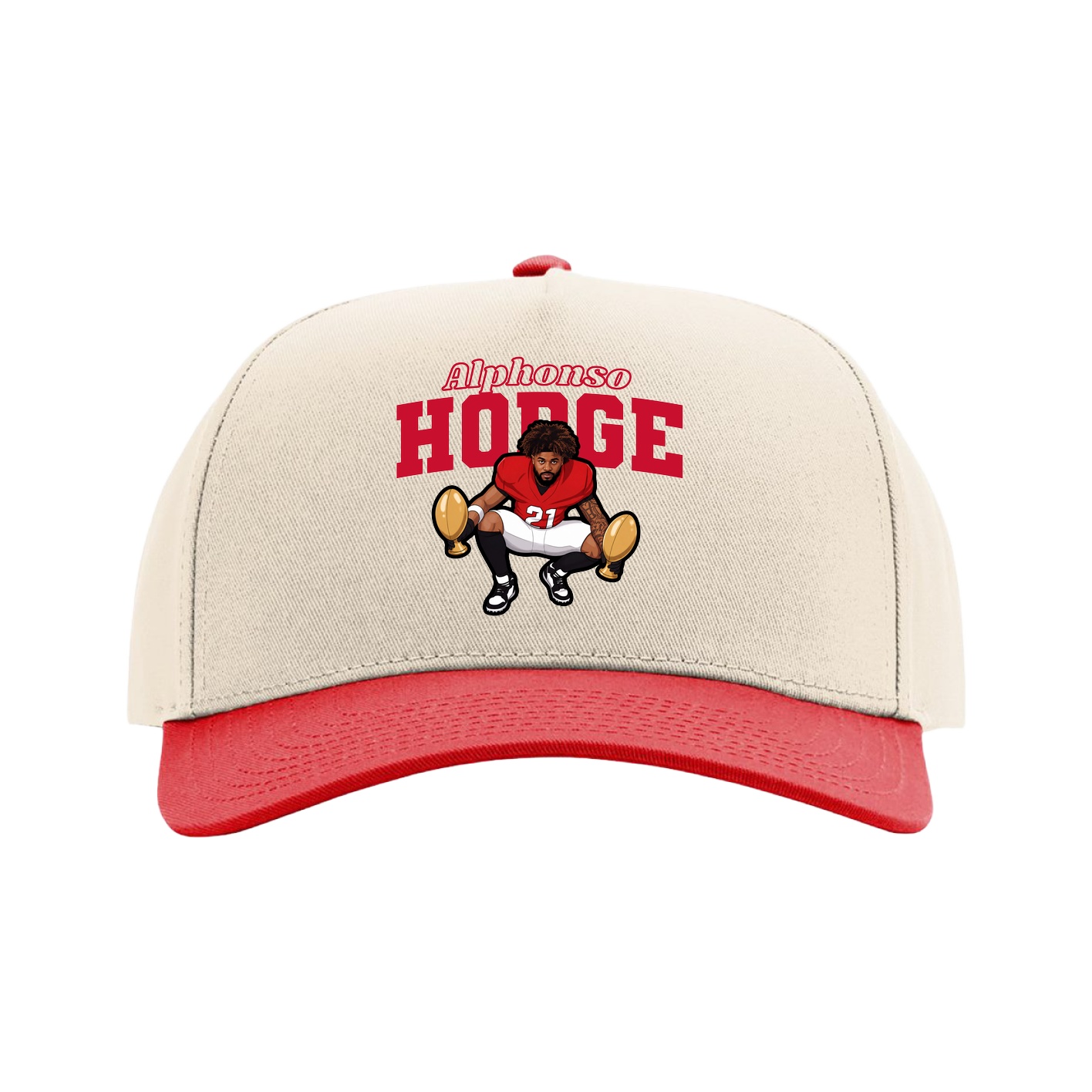 Full Fabric Five-Panel Champ Cap — Name Arch in Cream/Red