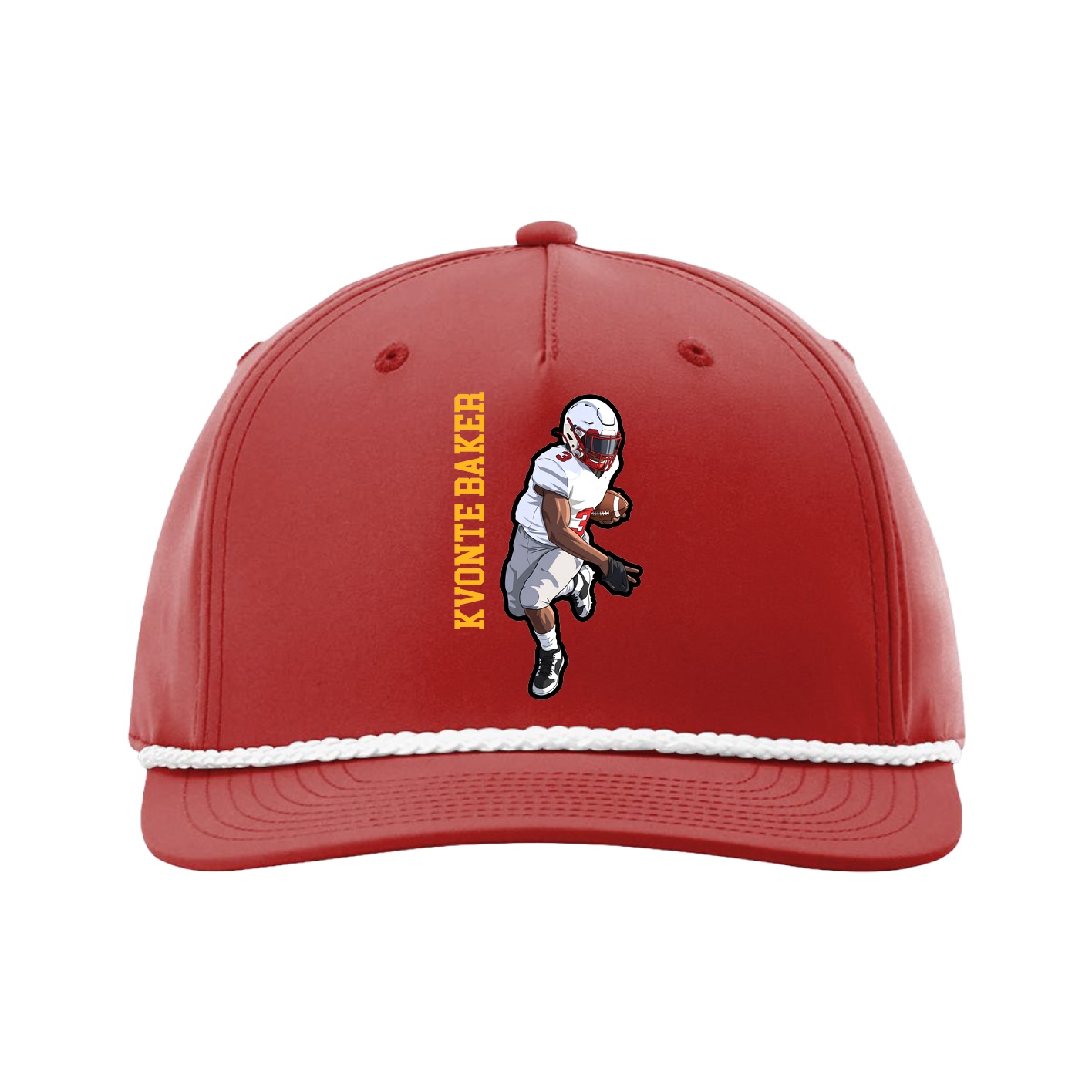 Five-Panel Classic Rope Cap — Name Vertical in Red