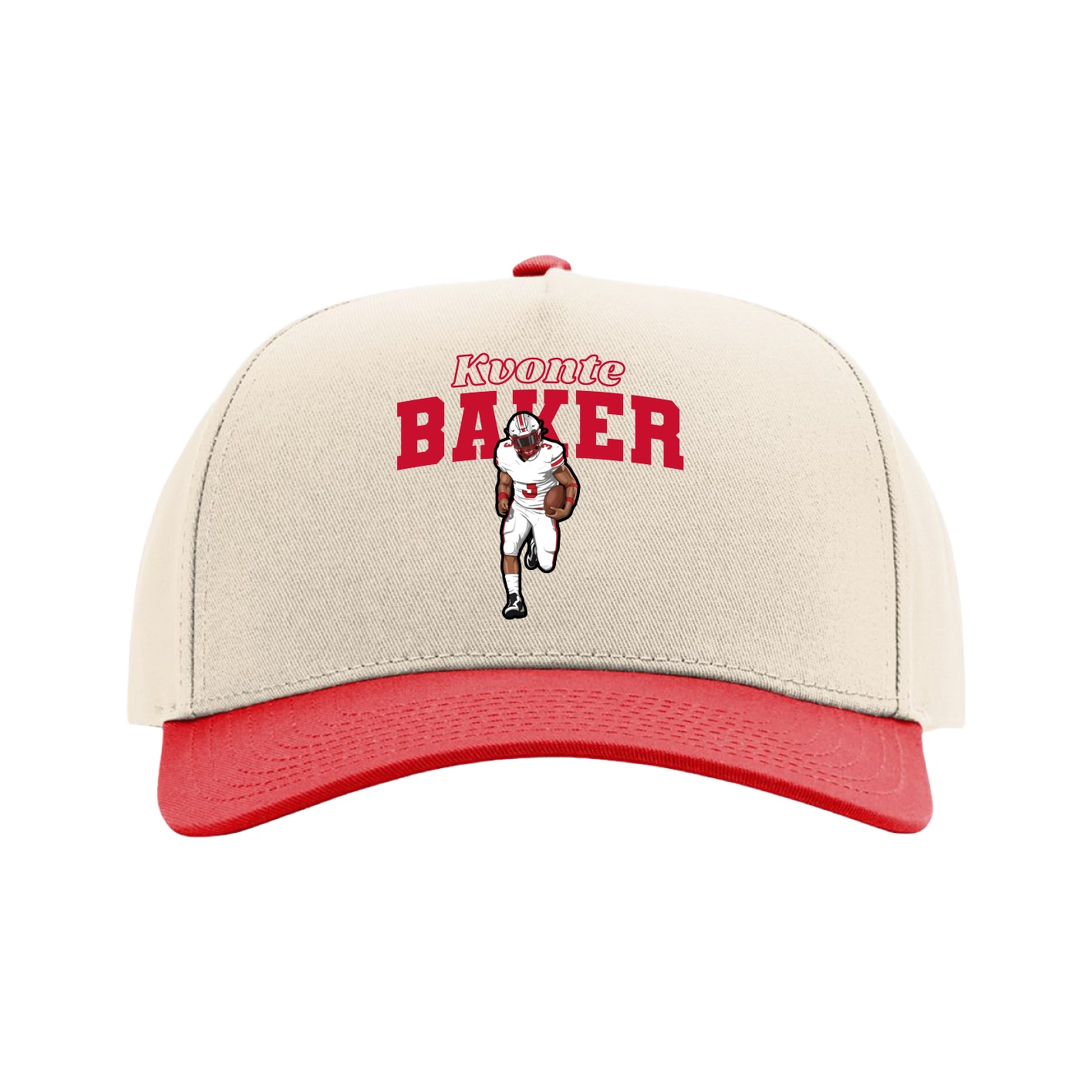 Full Fabric Five-Panel Champ Cap — Name Arch in Cream/Red