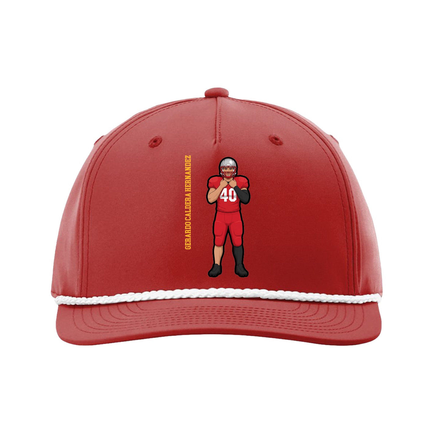 Five-Panel Classic Rope Cap — Name Vertical in Red