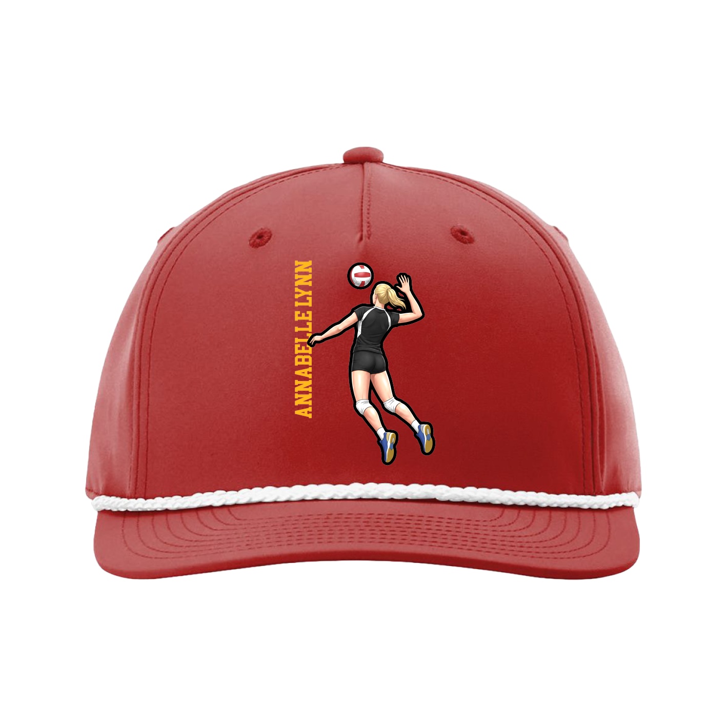 Five-Panel Classic Rope Cap — Name Vertical in Red