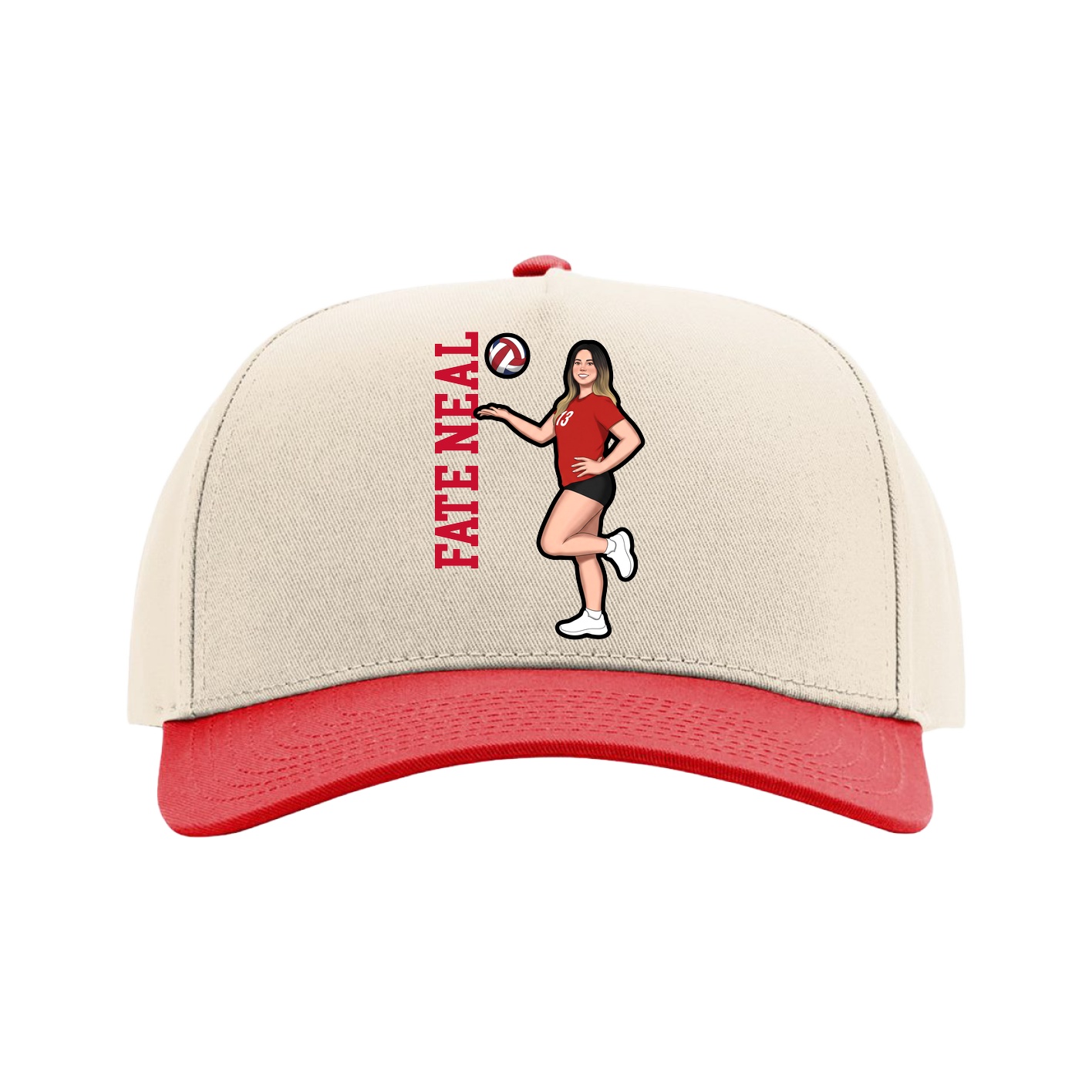 Full Fabric Five-Panel Champ Cap — Name Vertical in Cream/Red
