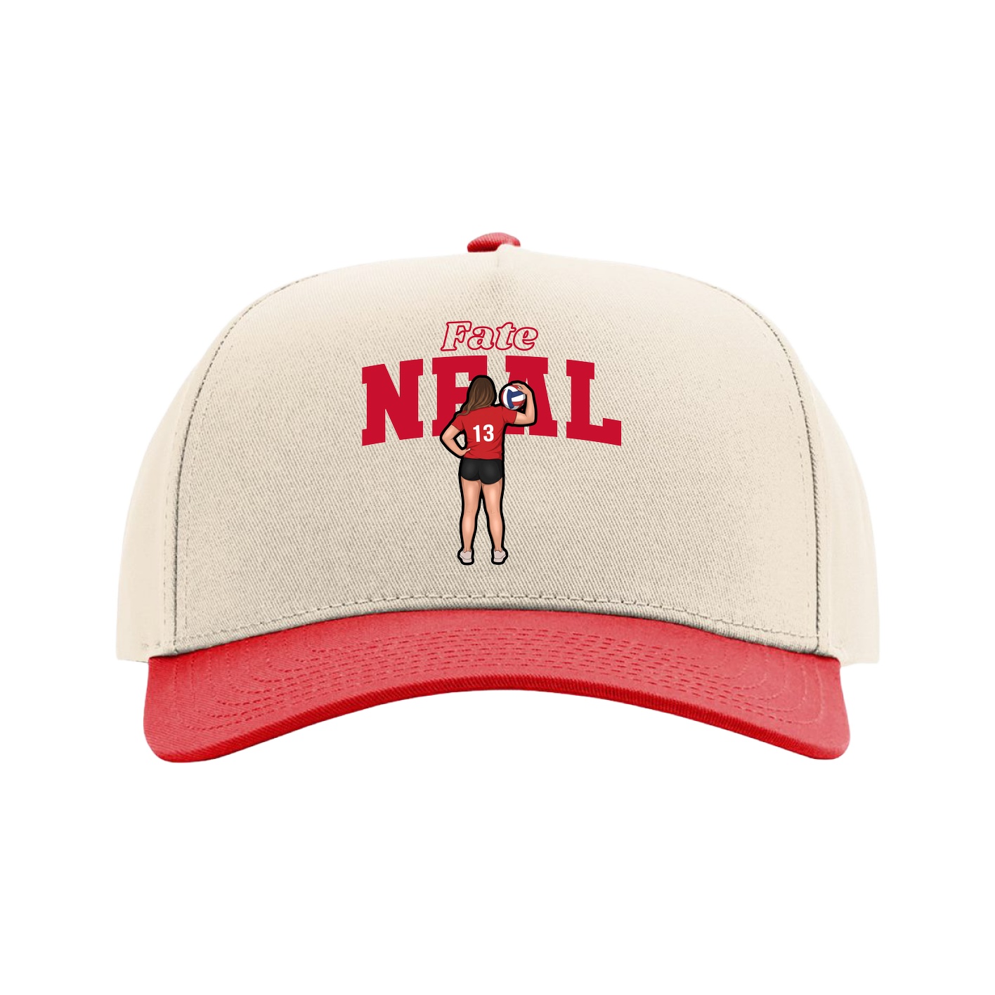 Full Fabric Five-Panel Champ Cap — Name Arch in Cream/Red