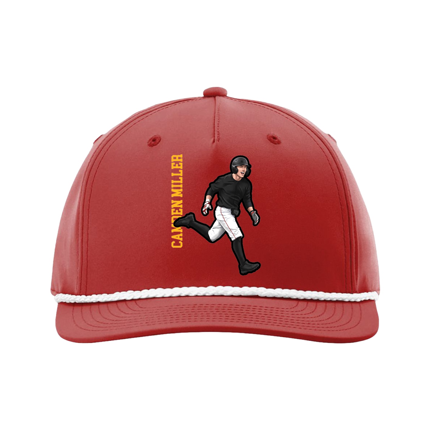 Five-Panel Classic Rope Cap — Name Vertical in Red