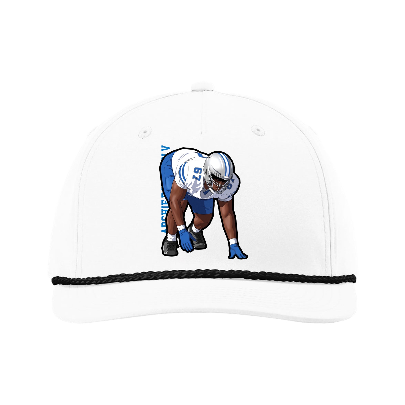 Five-Panel Classic Rope Cap — Name Vertical in White