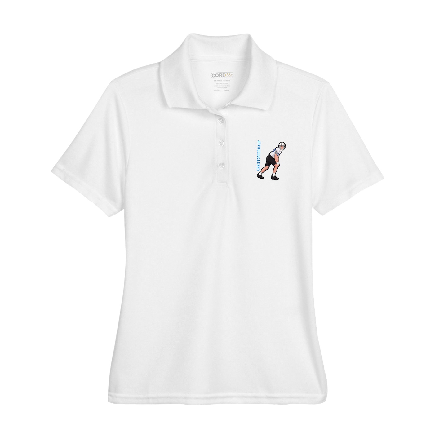 Womens Performance Polo — Name Vertical in White