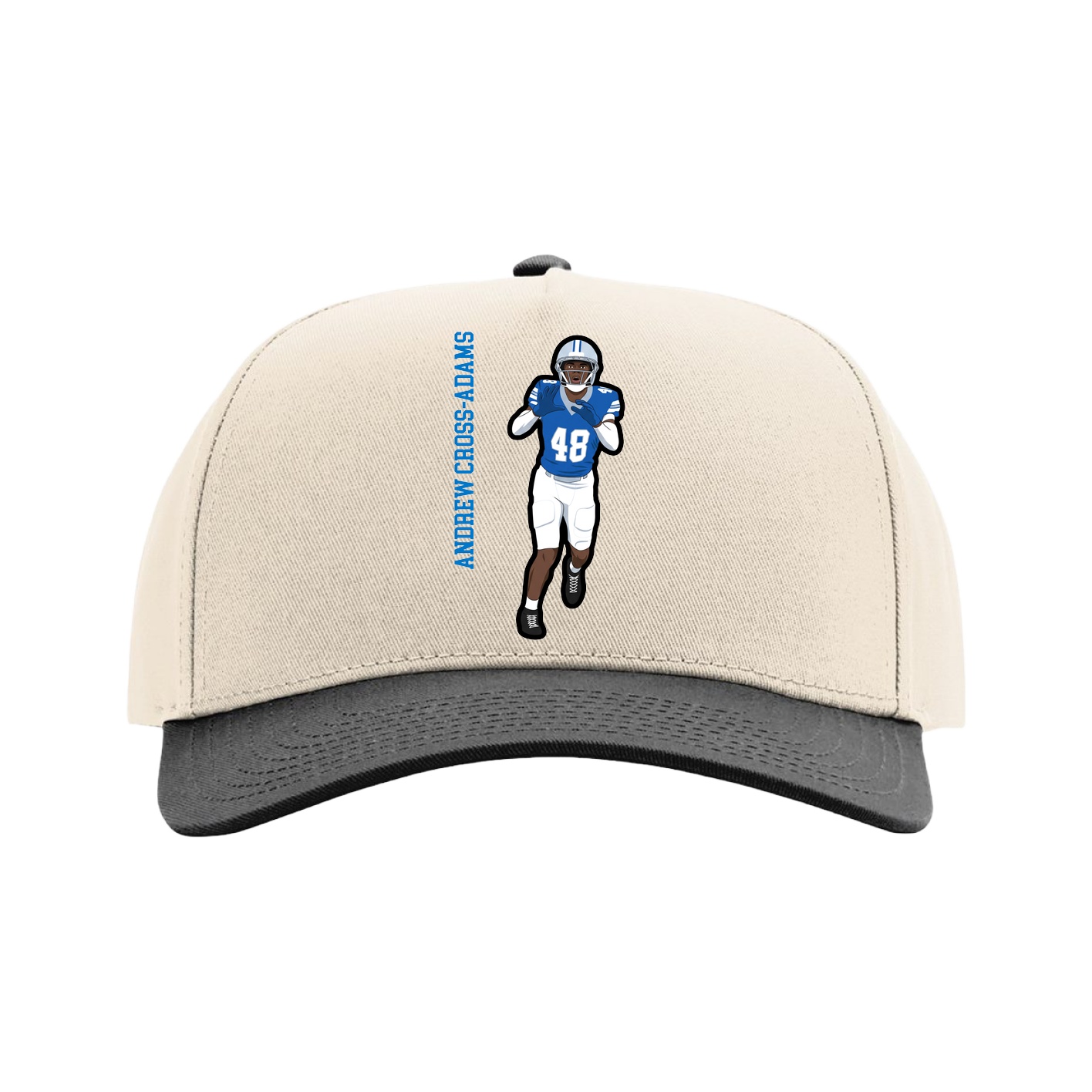 Full Fabric Five-Panel Champ Cap — Name Vertical in Cream/Black