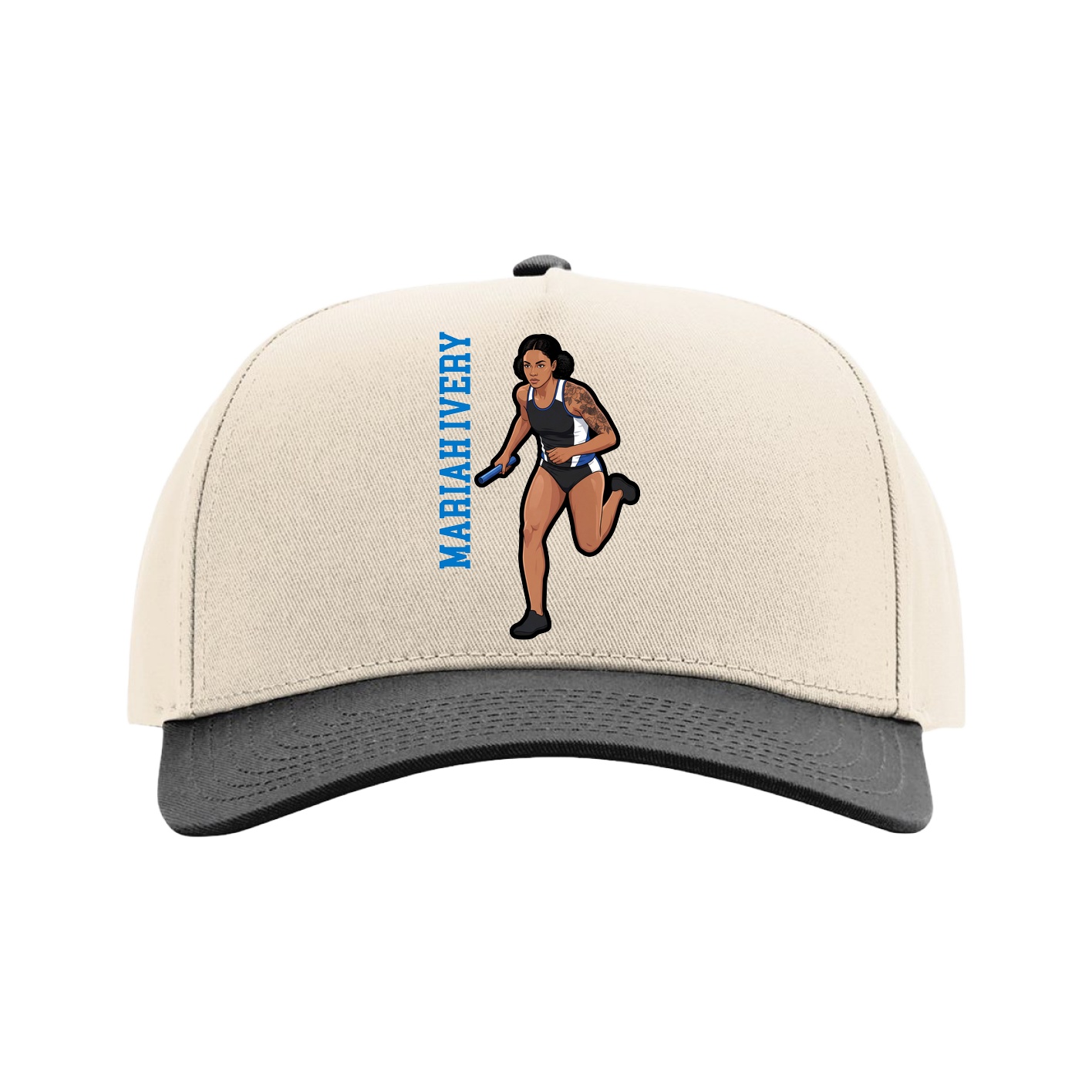 Full Fabric Five-Panel Champ Cap — Name Vertical in Cream/Black