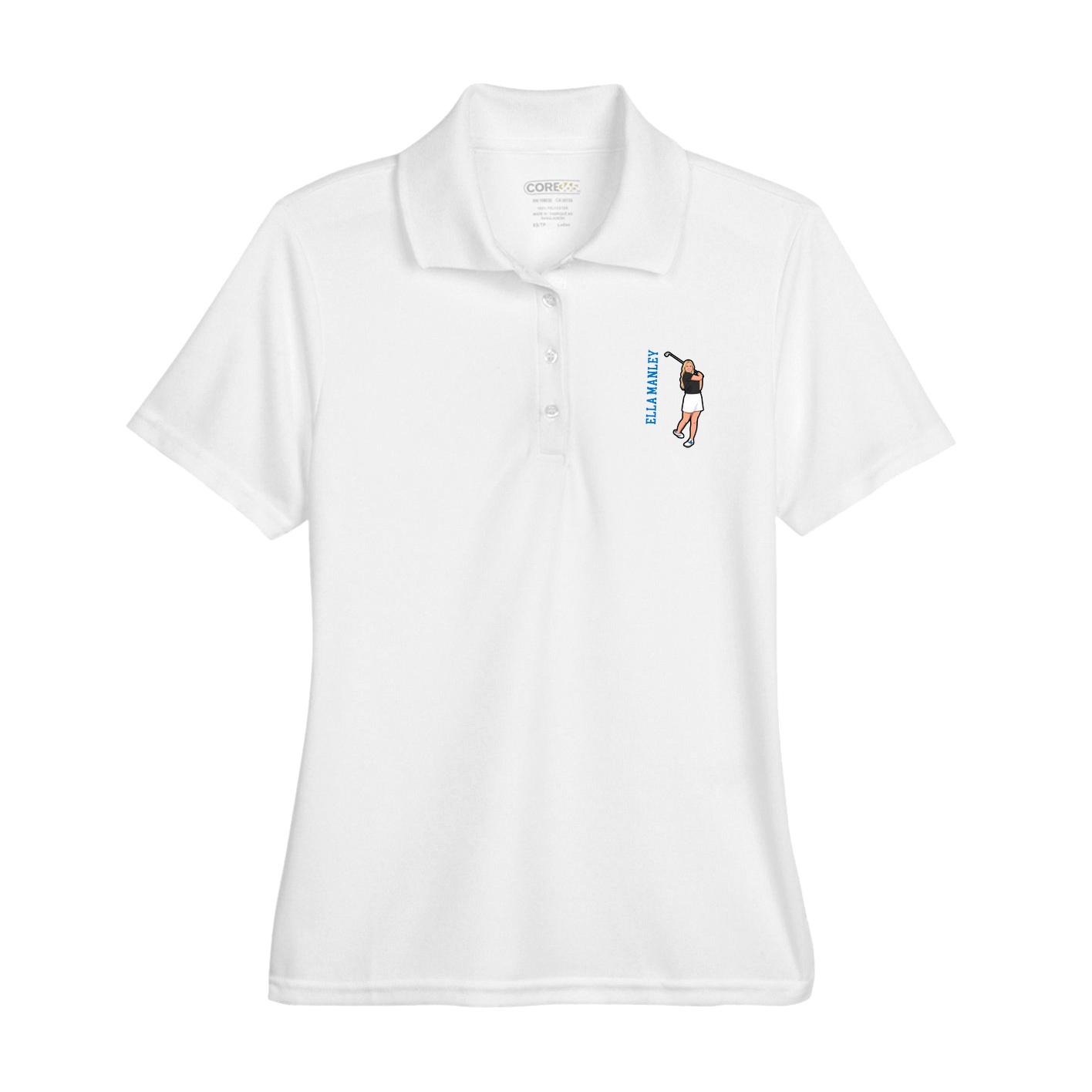 Womens Performance Polo — Name Vertical in White