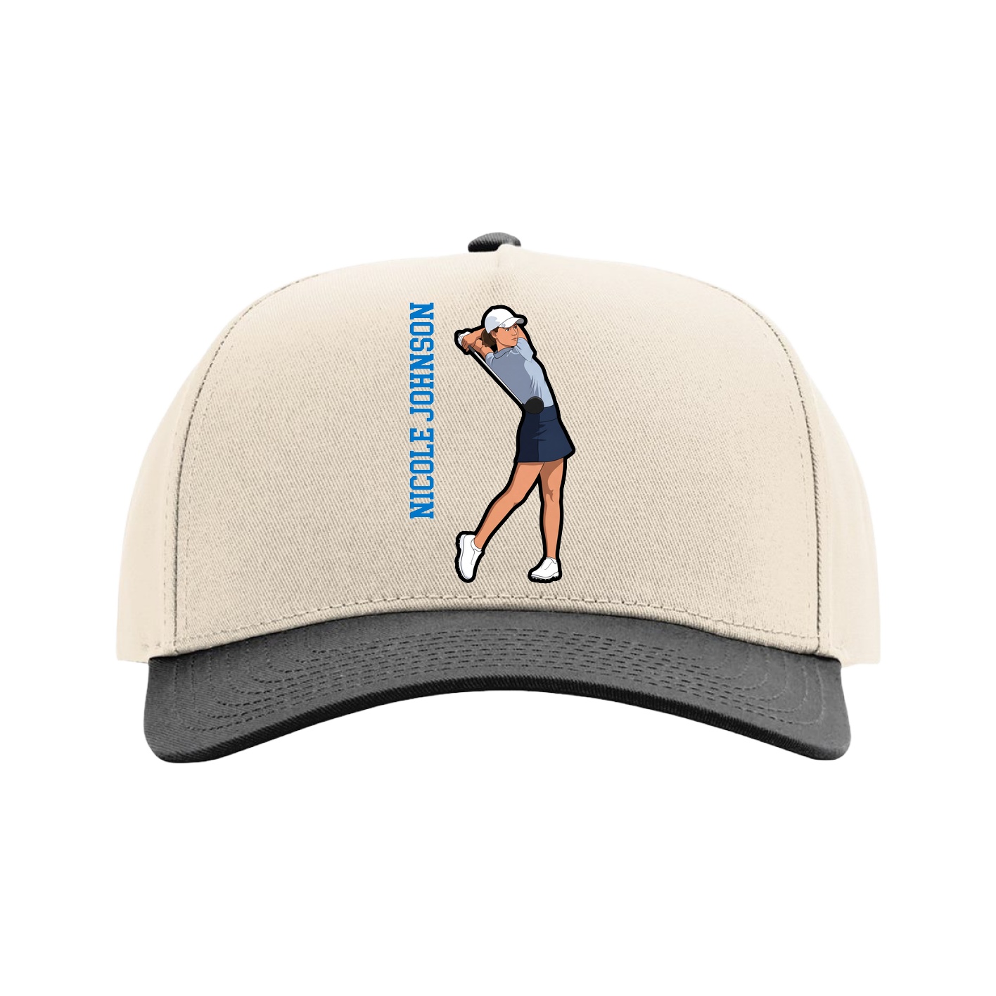Full Fabric Five-Panel Champ Cap — Name Vertical in Cream/Black