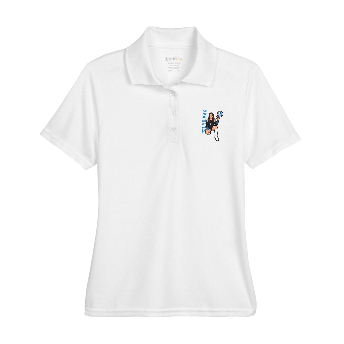 Womens Performance Polo — Name Vertical in White