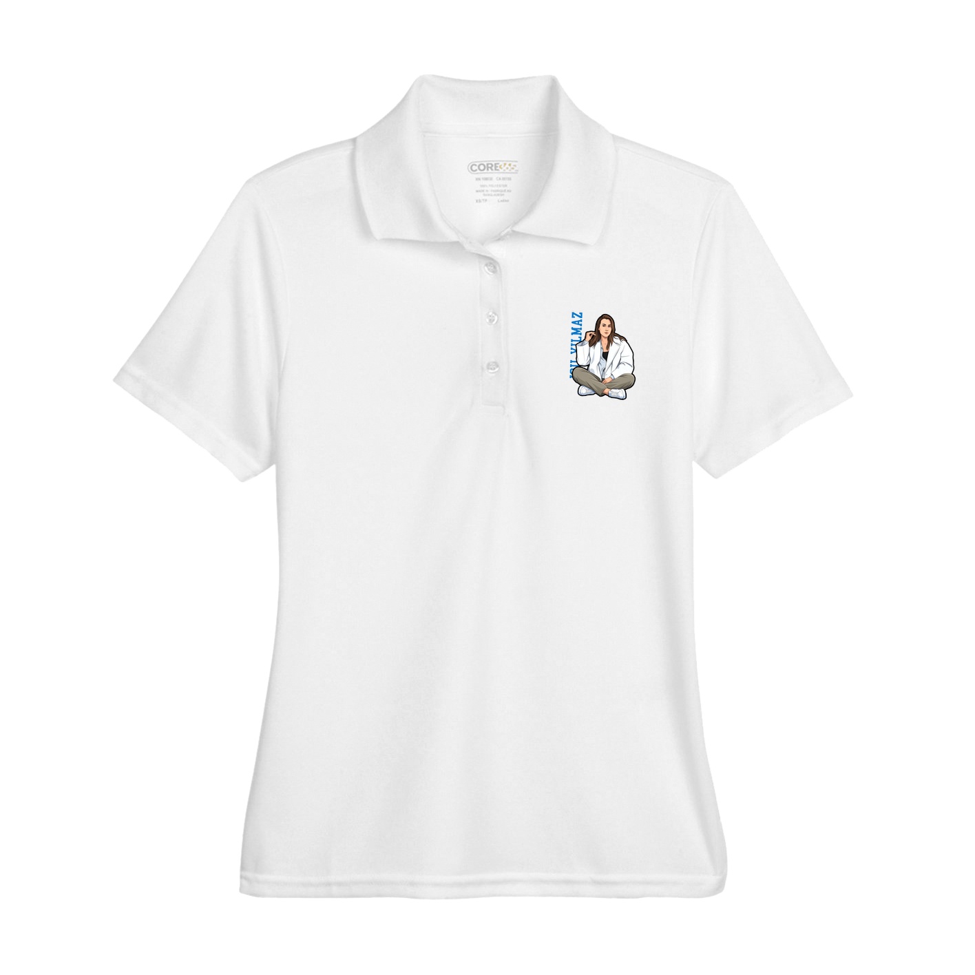 Womens Performance Polo — Name Vertical in White